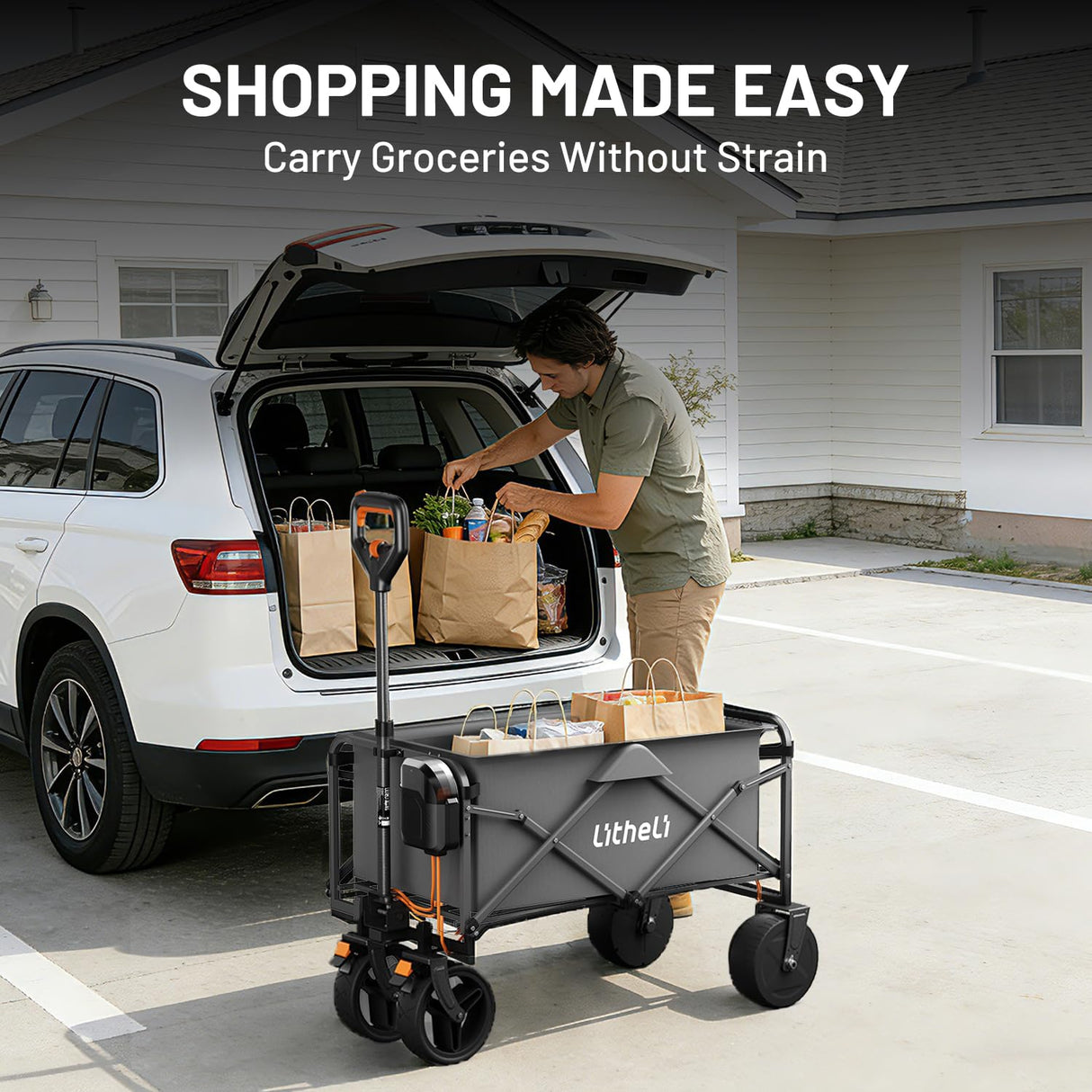 Litheli Electric Collapsible Wagon Cart with Brakes, 100L Grocery Cart with Wheels,Easy to Carry Folding Wagon for Camping, Gardening, Shopping