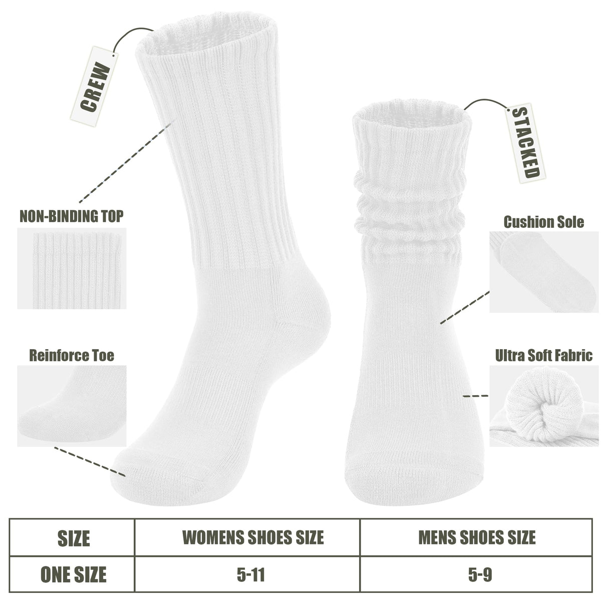 AugRing Women's Scrunch Crew Socks Retro 3-Pack Solid Cotton Boot Calf Socks Chunky Ribbed Cozy Slouchy Socks Size 5-11 (US, Alpha, One Size, Regular, Regular, 3 Pack White)