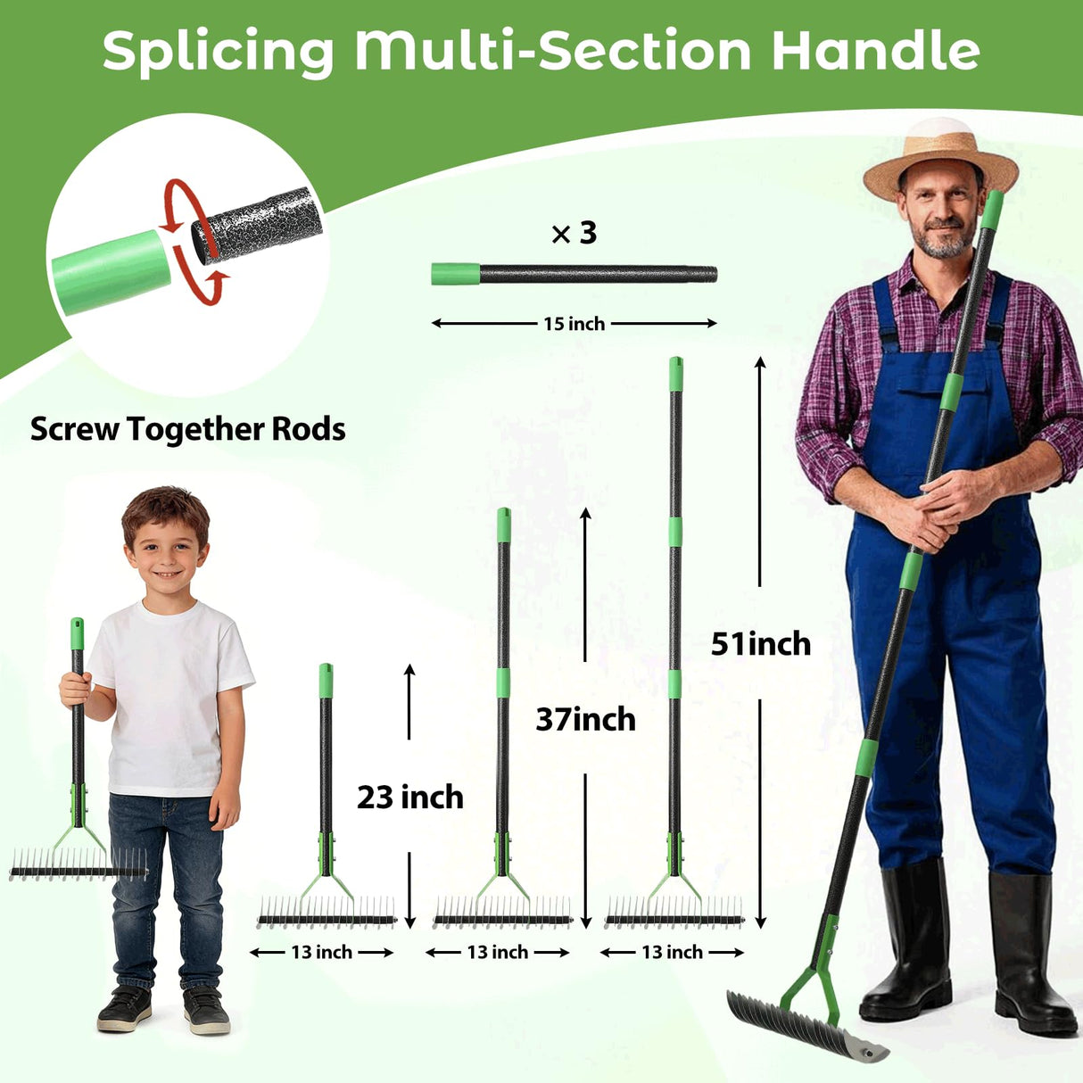 Thatch Rake, 51" Lawn Thatching Rake for Cleaning Dead Grass, 13 Inch Wide Heavy Duty 21 Teeth Steel Metal Rakes, Landscaping Raking Garden Tools for Lawn Care Loosening Leveling Soil Mulch