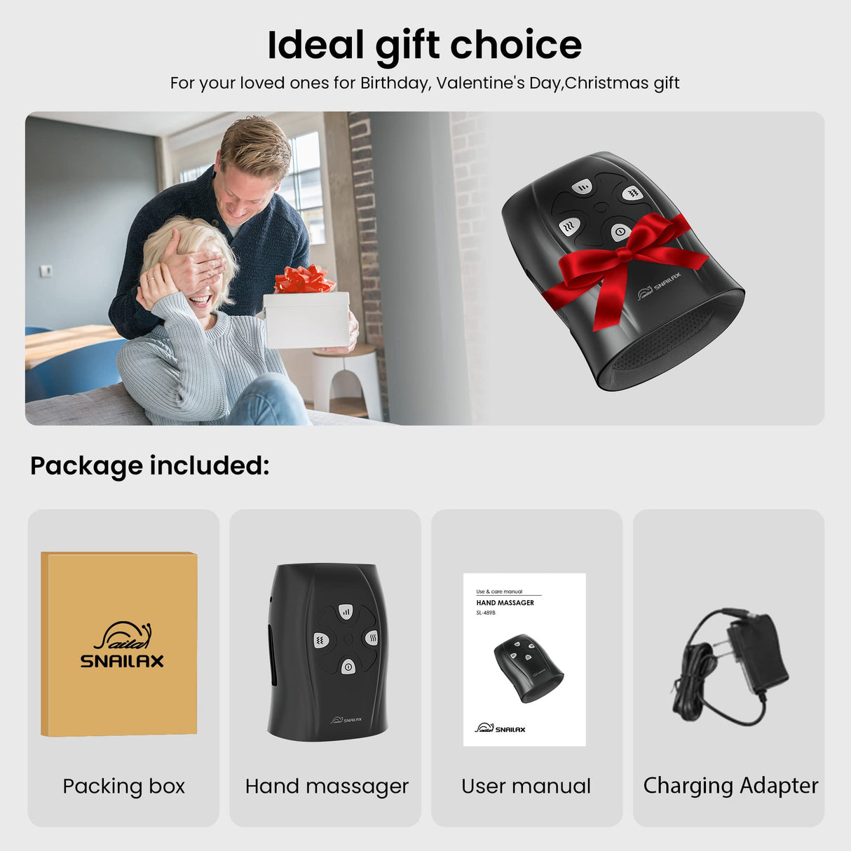 Snailax Hand Massager with Heat and Compression, FSA HSA Eligible, Vibration, Cordless Hand Massager for Arthristis, Carpal Tunnel, Gifts for Women, Men, Mom(Black)