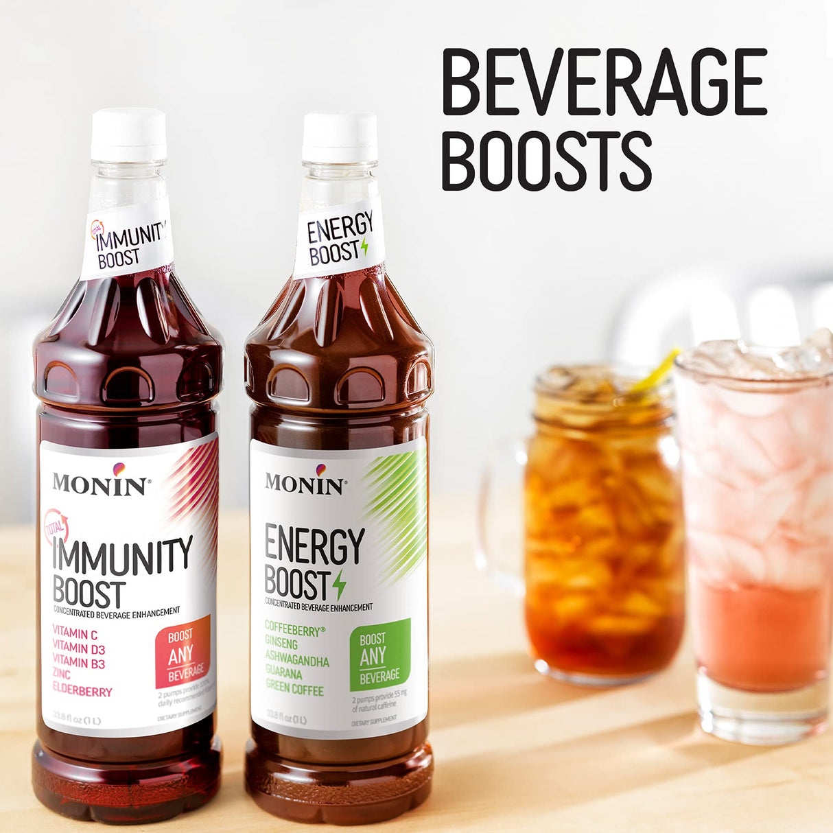 Monin - Total Immunity Boost, Immune Support Supplement, Liquid Blend of Vitamins, Minerals, & Antioxidants, Immune Boosting Vitamin C & D + Elderberry, For All Beverages, Low Calorie (1 Liter + Pump)
