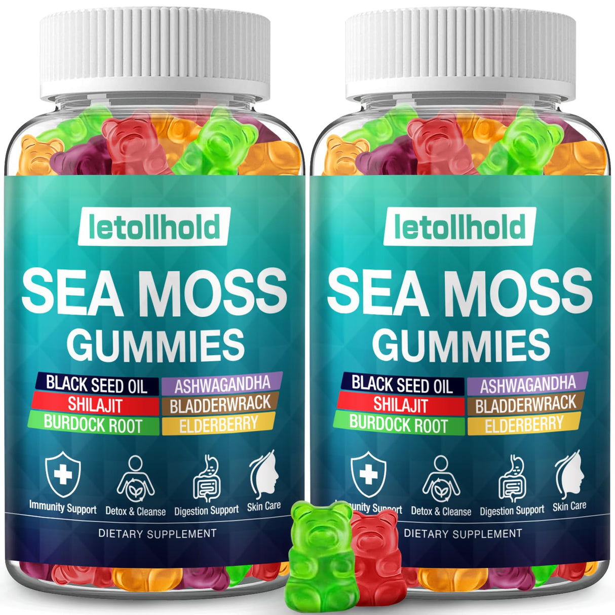 Sea Moss Gummies - Irish Sea Moss Gummies Advanced for Adults with Ashwagandha Bladderwrack & Burdock Root for Supports Immune,Energy - 60 Vegan Gummy,2PCS