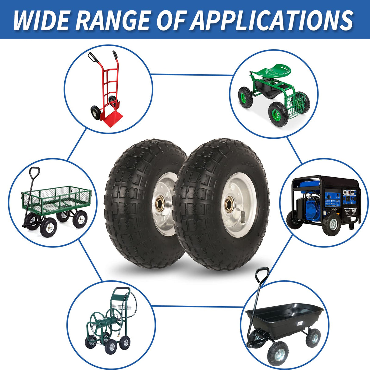 GICOOL 4.10/3.50-4" Tire and Wheel, 10" Pneumatic Tire, 4 Pack, with 2 1/4" Offset Hub, 5/8" Axle Bore Hole, Sealed Bearings for Hand Truck Trolley Dolly Garden Wagon Cart Wheel Replacement