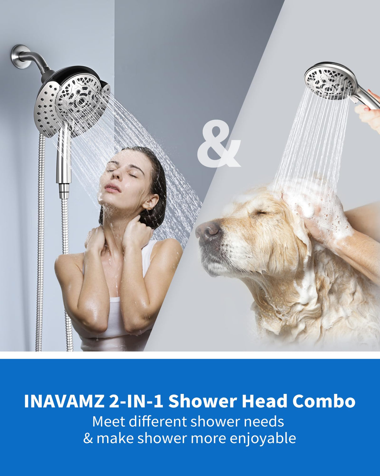 INAVAMZ Shower Heads with Handheld Spray Combo: 7.2" Rainfall Shower Head & Handheld Shower Head 2-IN-1 Shower Head with 60" Rotatable Stainless Steel Hose Nickel, Shower Trim Systems