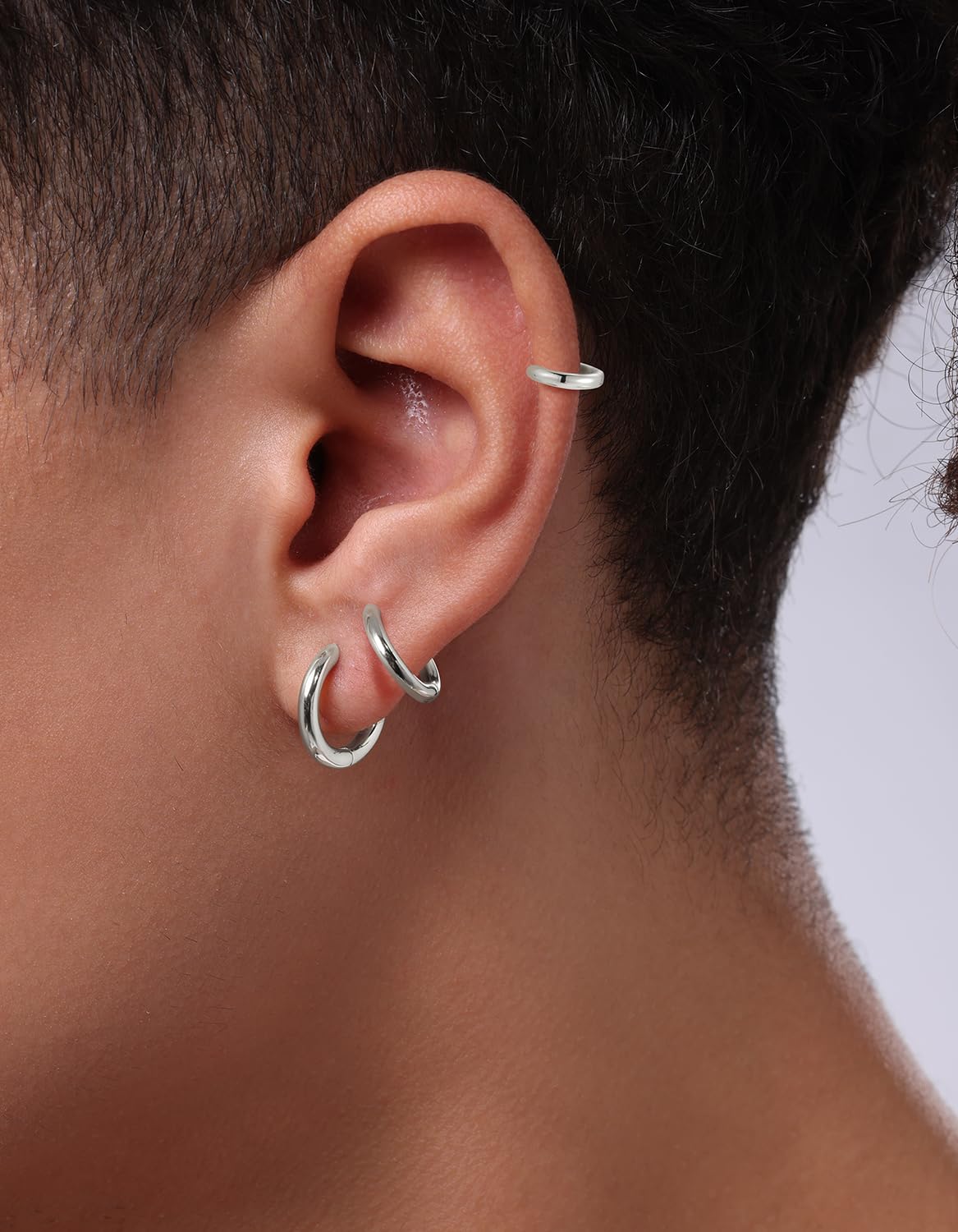 KRKC&CO Hoop Earrings for Men, 925 Sterling Silver Set, White Gold Plated