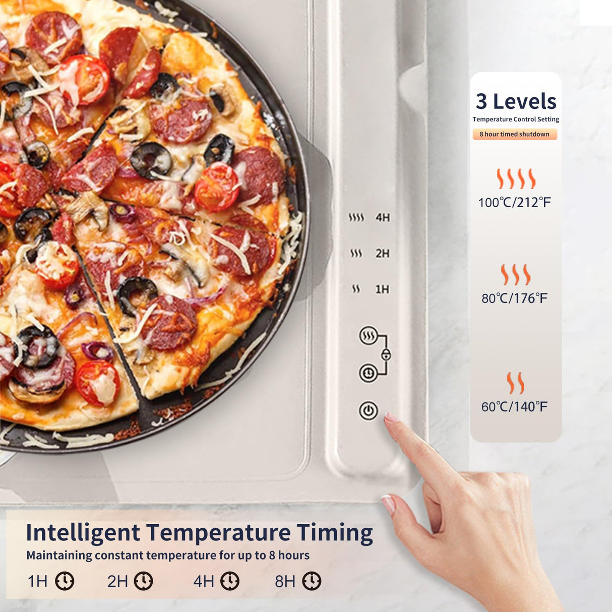 Fast Heating Warming Mat for Food with 3 Temperature and 4 Timer Settings,Waterproof Fexible Silicone Food Heating Mat with UV Coating Easy to Clean and Storage(Khaki, 60x40CM)