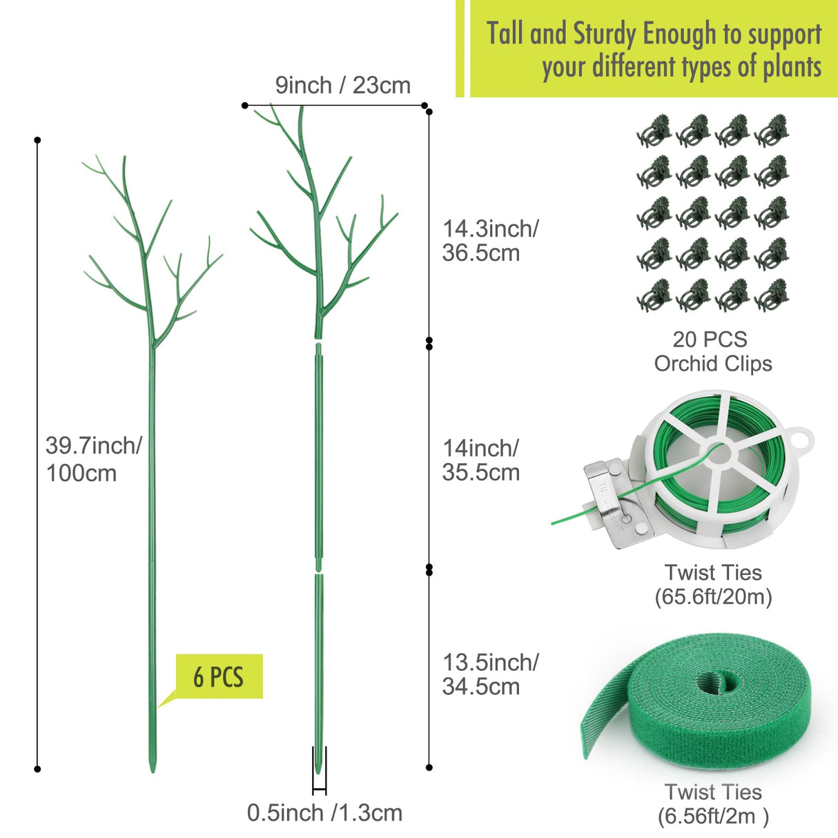 6 Pack Plant Support Stakes for Indoor Plants, 39.37 Inch Tall Twig Plant Sticks with Orchid Clips Twist Ties and Plant Ties for House Potted Monstera Plants Support, Green