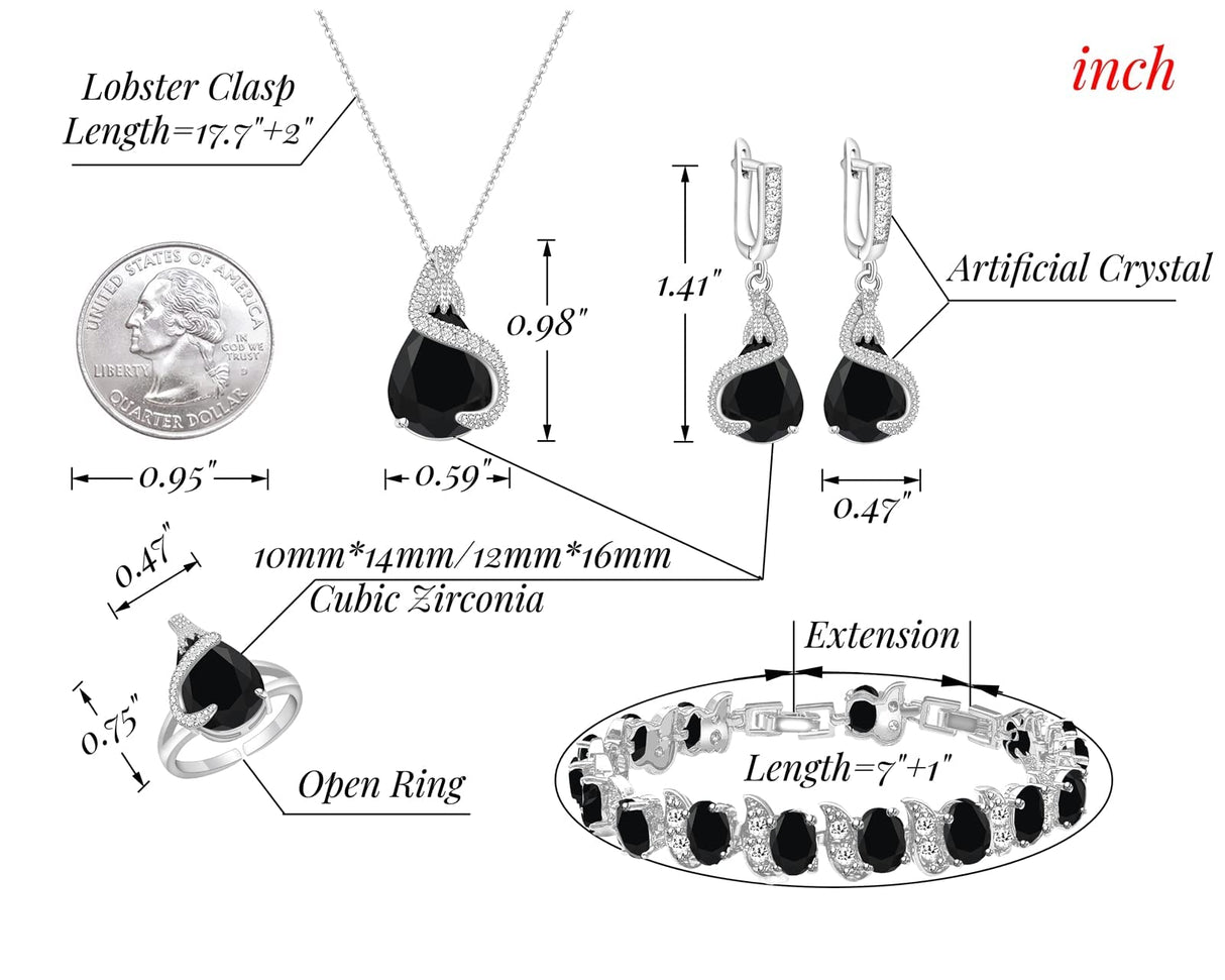GZWHD Jewelry Set Gift for Women, Black Waterdrop Created Spinel, Party Prom Jewelry, Silver-Tone Earrings Necklace Bracelet Open Ring, Birthday Gifts for Best Friends Mom