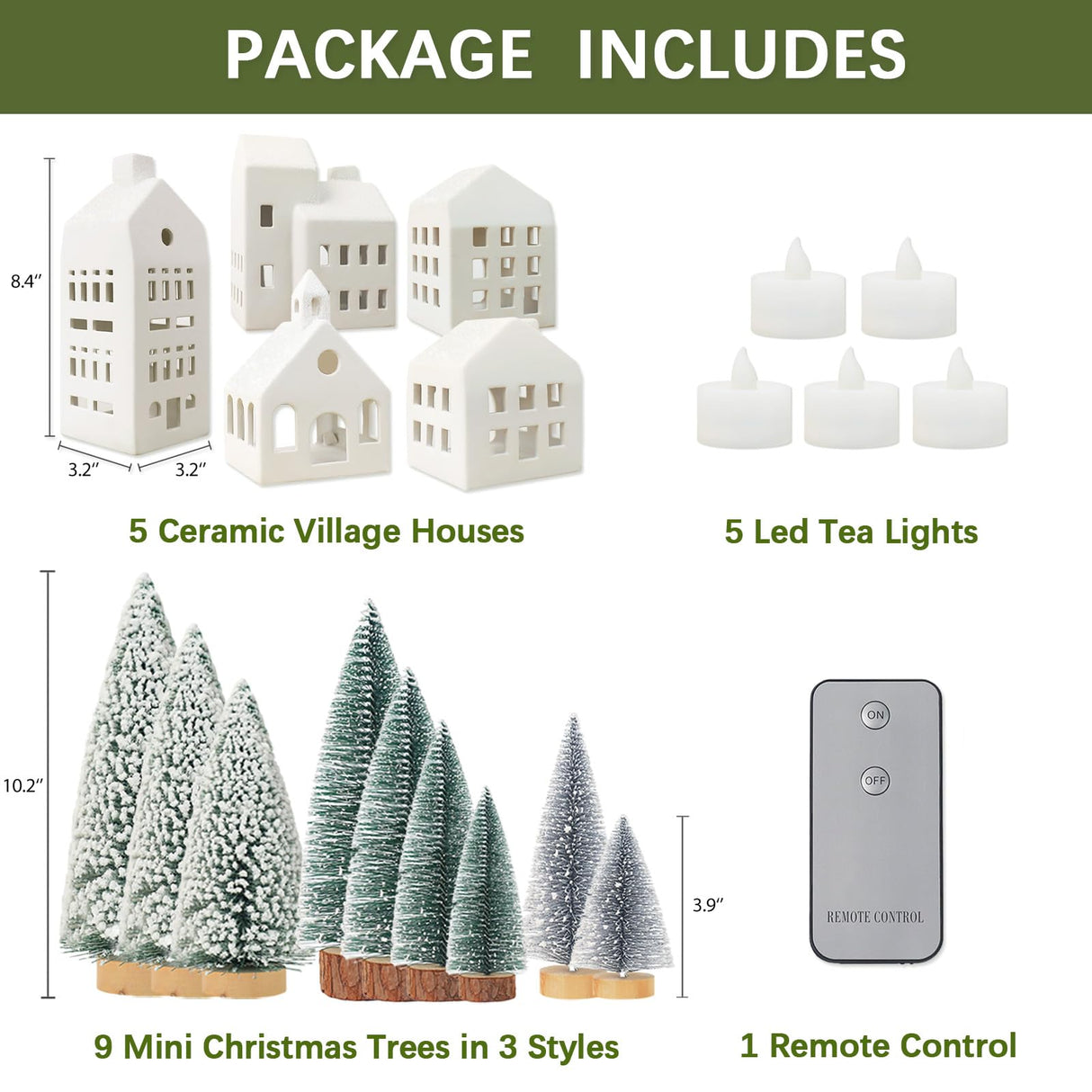 Christmas Decorations - Christmas Village Sets of 5 Lighted Ceramic Houses with Remote Control & 9 Trees - Indoor White Xmas Holiday Rustic Unique Decor for Home Table Room Farmhouse Decoration