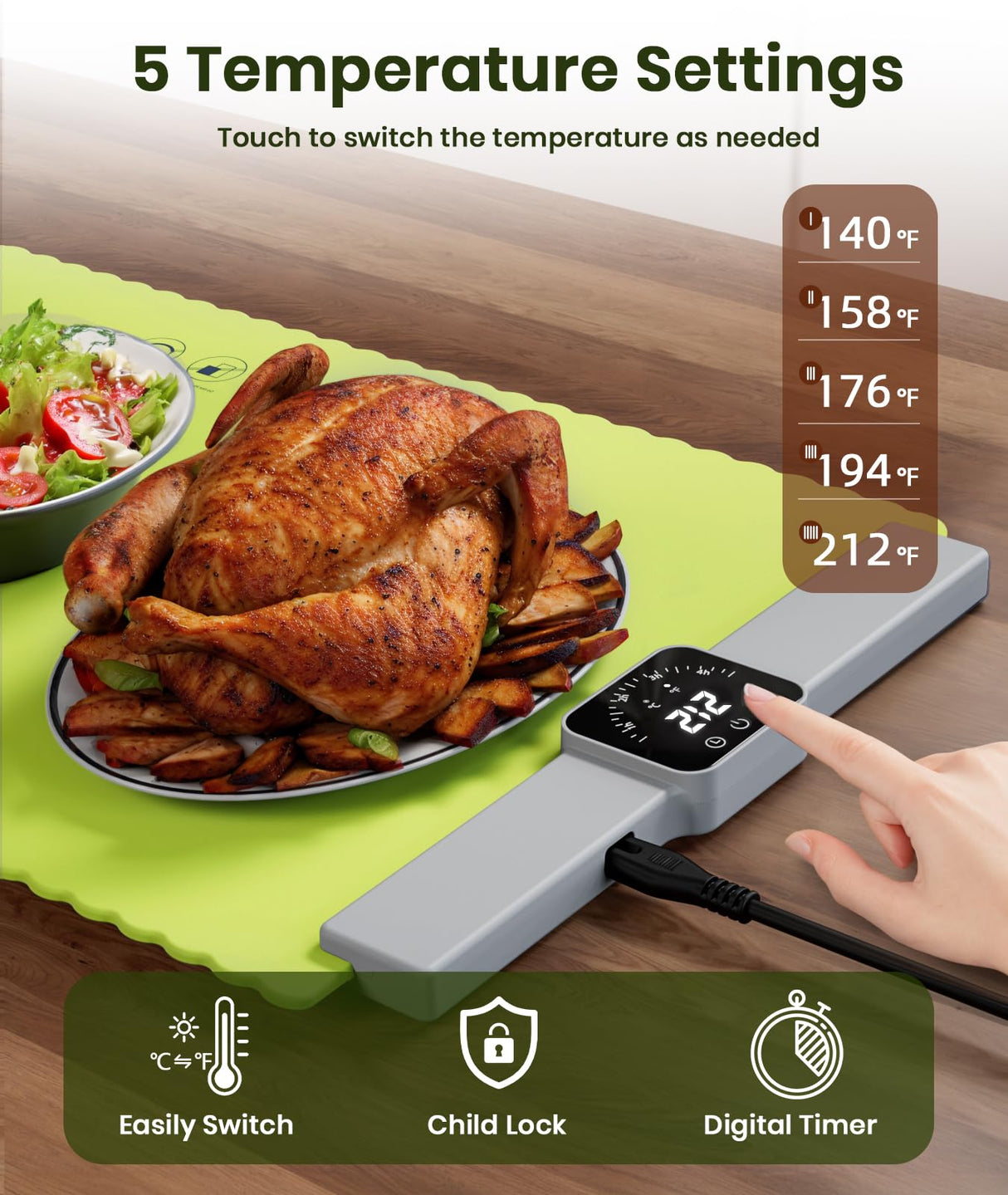 Relixcozy Food Warming Mat for Food, Electric Warming Tray with 5 Temp-Settings, Full-Surface Heating Pad for Food with Auto-Off Timer, Portable Food Warmers for Parties, Silicone Food Heating Mat