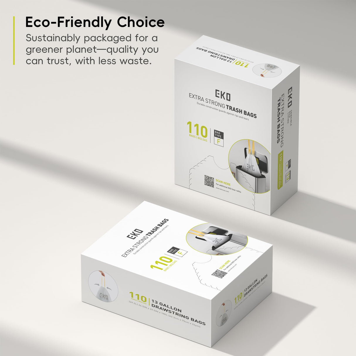 EKO Extra Strong 13 Gallon Large Drawstring Trash Bags, Heavy-Duty Garbage Bags for Kitchen & Household Use (50L), Leak-Resistant, 110 Count, Code F