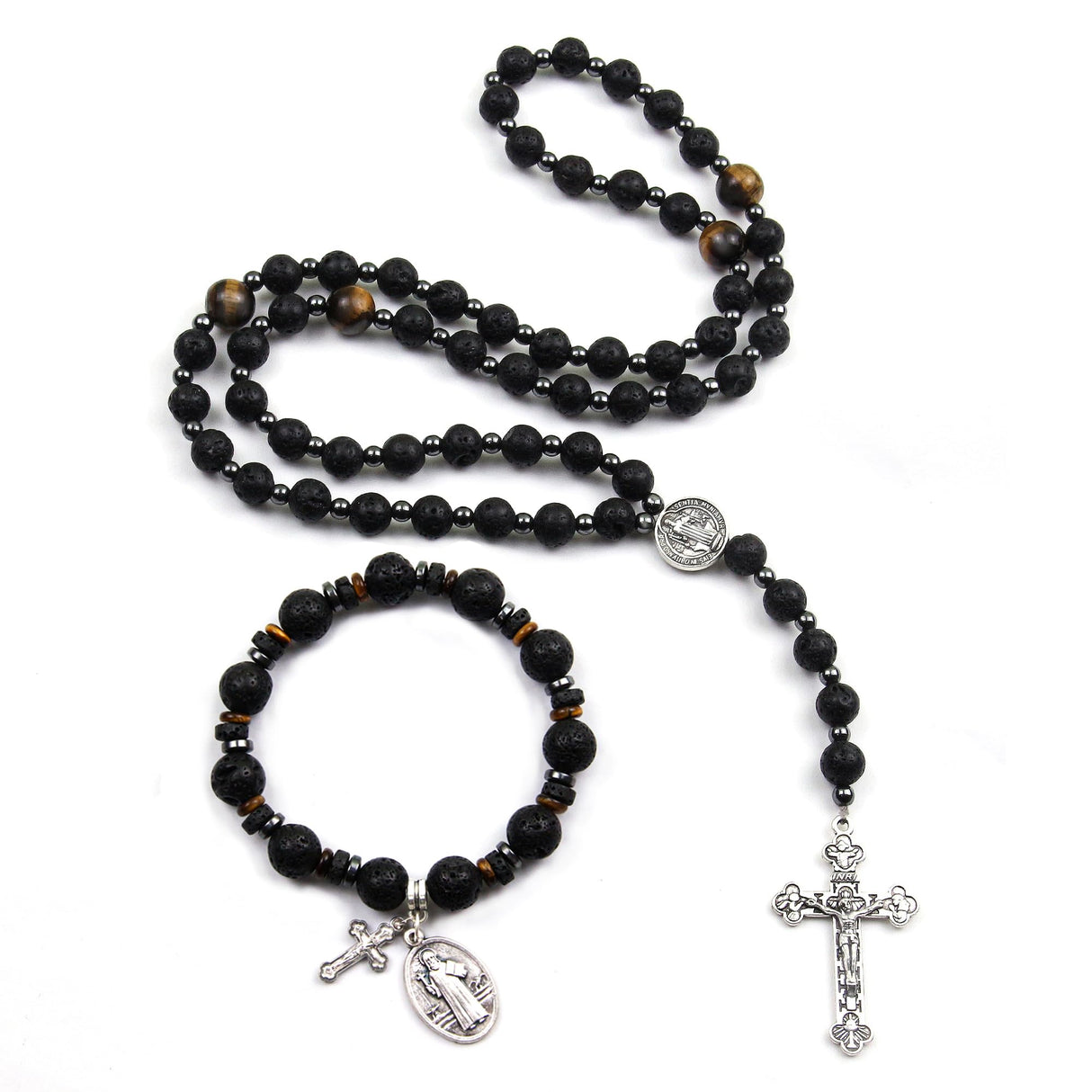 LGEPAH Rosary for Men, Black Lava Rock Beads with St. Benedict Bracelet