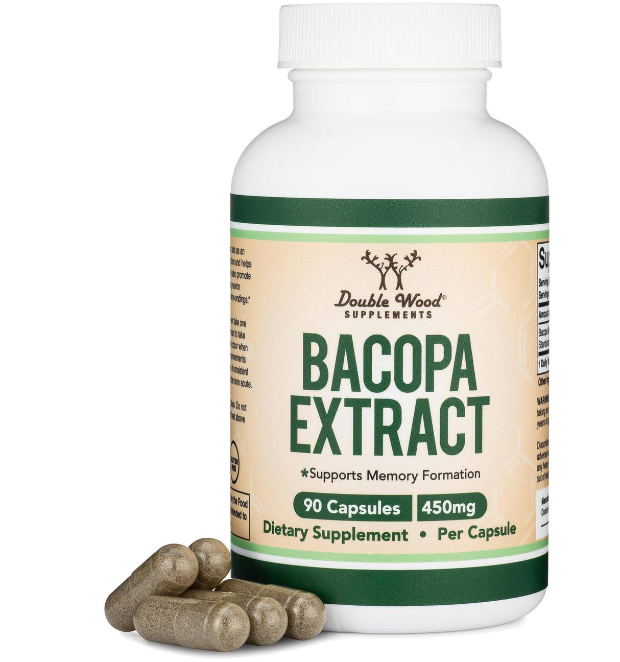 Bacopa Monnieri Capsules 20% Bacosides 450mg, 90 Count (Non-GMO, Gluten Free) Brahmi Extract (Memory Supplement for Brain Health, Focus, and Cognitive Function) by Double Wood