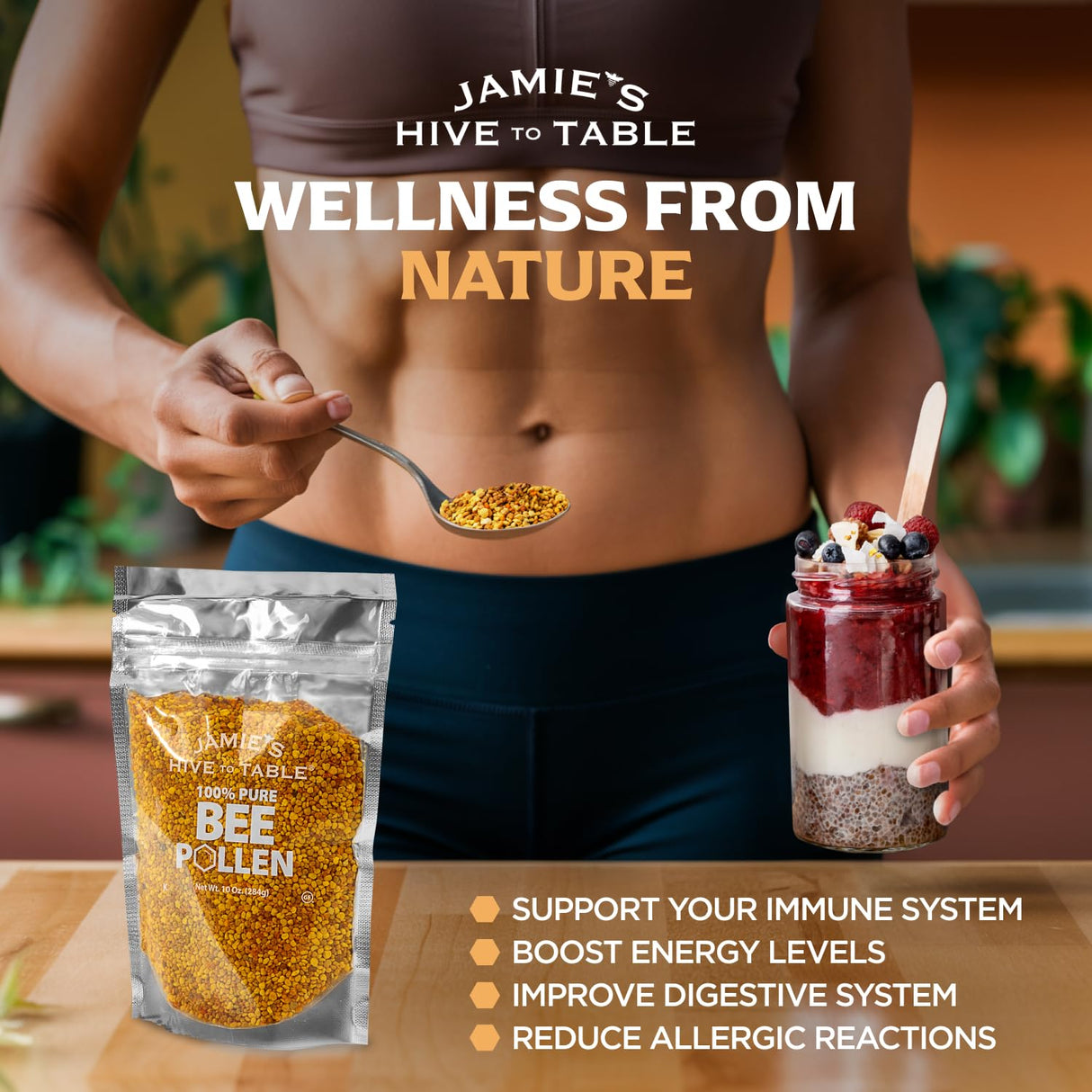 Jamie’s Hive to Table Raw Bee Pollen, 10 oz – 100% Pure Bee Pollen – Harvested from Flowers, Naturally Dried for Freshness – Great for Smoothies, Oatmeal & Recipes