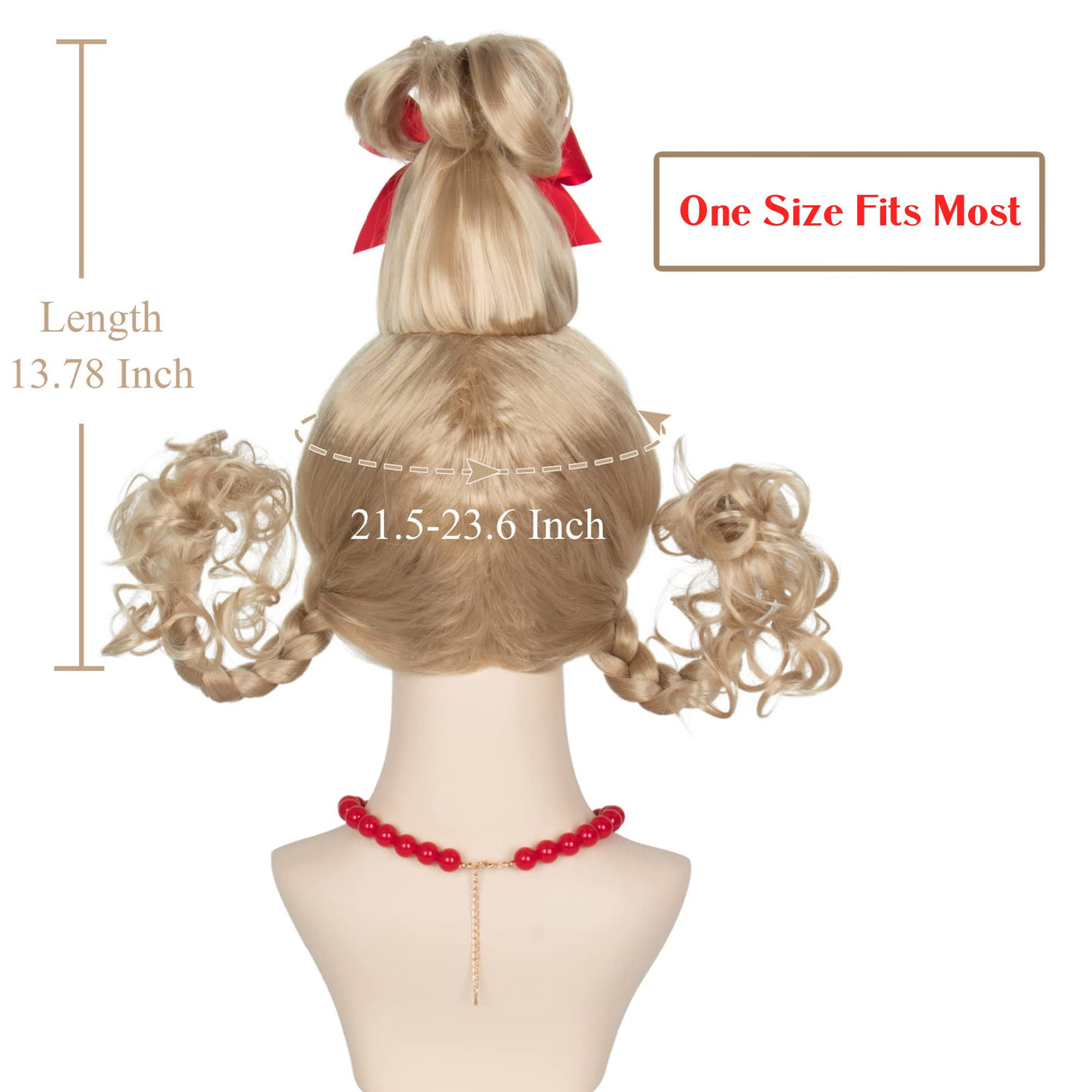 Koonfan Christmas Blonde Wig with Red Bow and Necklace Girls Women Long Braids Christmas Costume Wig Accessory