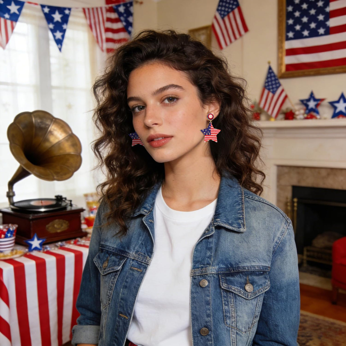 NLCAC USA Earrings Beaded American Flag Earrings USA Star Ice Cream Drop Dangle Earrings 4th of July Gifts for Women Star