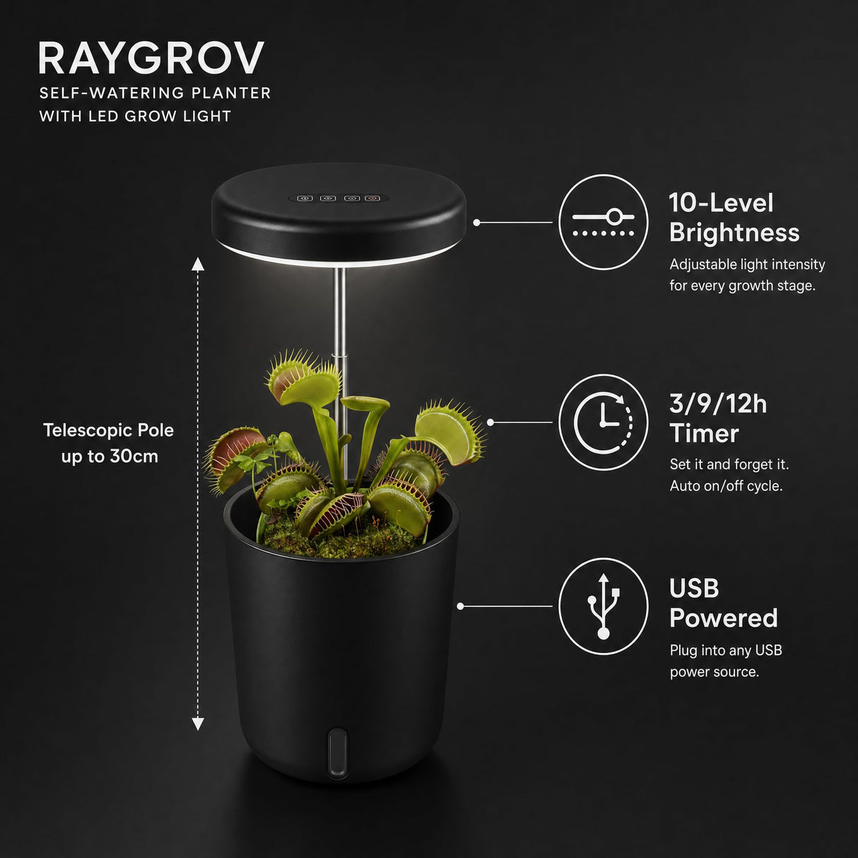 Raygrov Self-Watering Planter with Grow Light, Smart Indoor Pot for Venus Fly Trap, Carnivorous Plants, African Violet, Cat Grass, Catnip & Herbs, 2-in-1 Wall + Desktop, USB 5W Full Spectrum LED