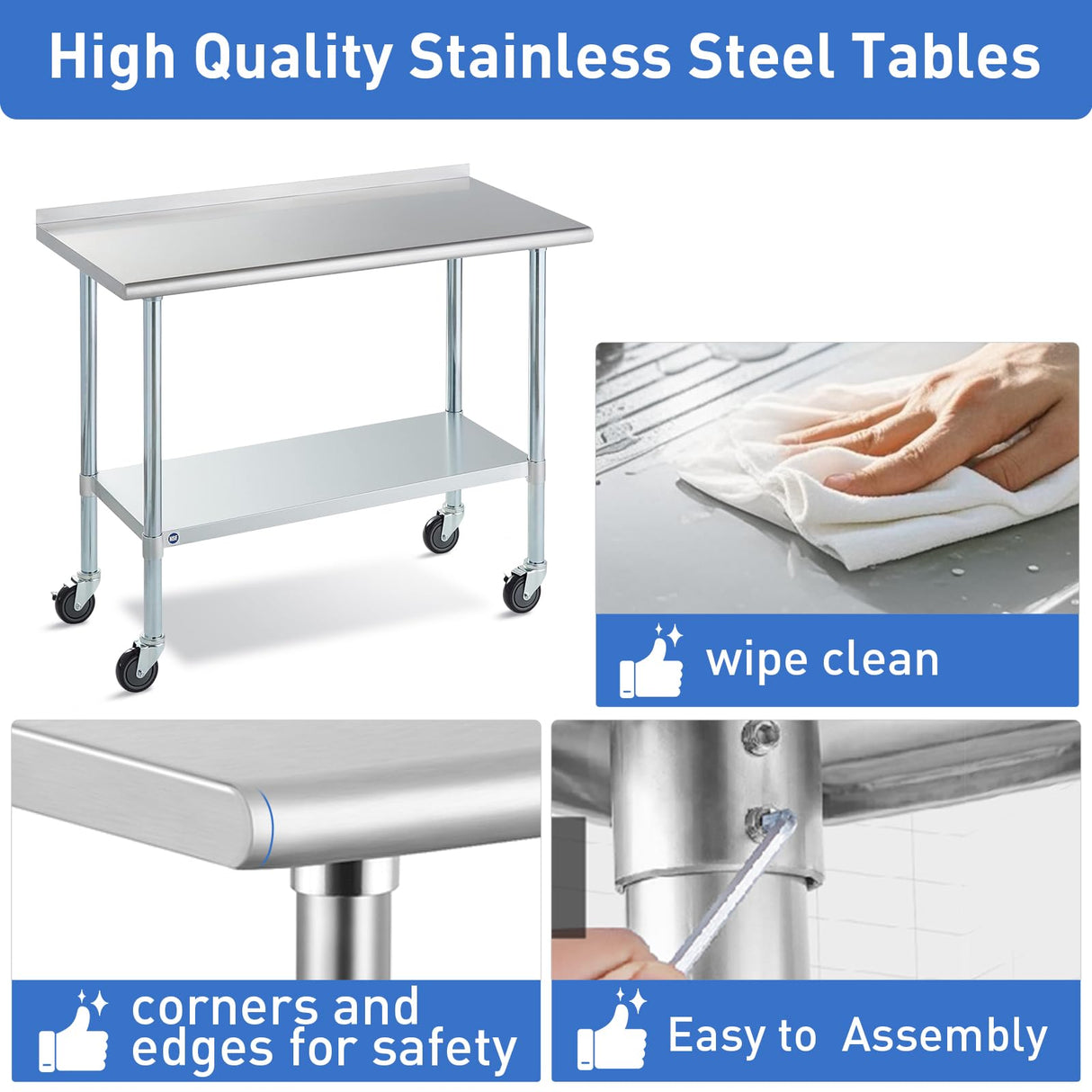 Stainless Steel Table for Prep & Work with Caster & Backsplash 24x72 Inches, NSF Metal Commercial Kitchen Heavy Duty Table with Adjustable Under Shelf and Table Foot for Restaurant, Home and Hotel