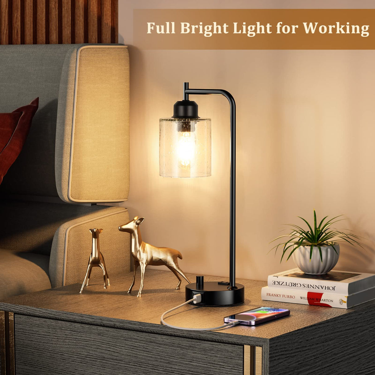 Industrial Bedside Table Lamp for Bedroom - Nightstand Lamps with USB C Charging Port, Fully Dimmable Black Ports and Outlets, Small Desk Glass Shade Office Living Room