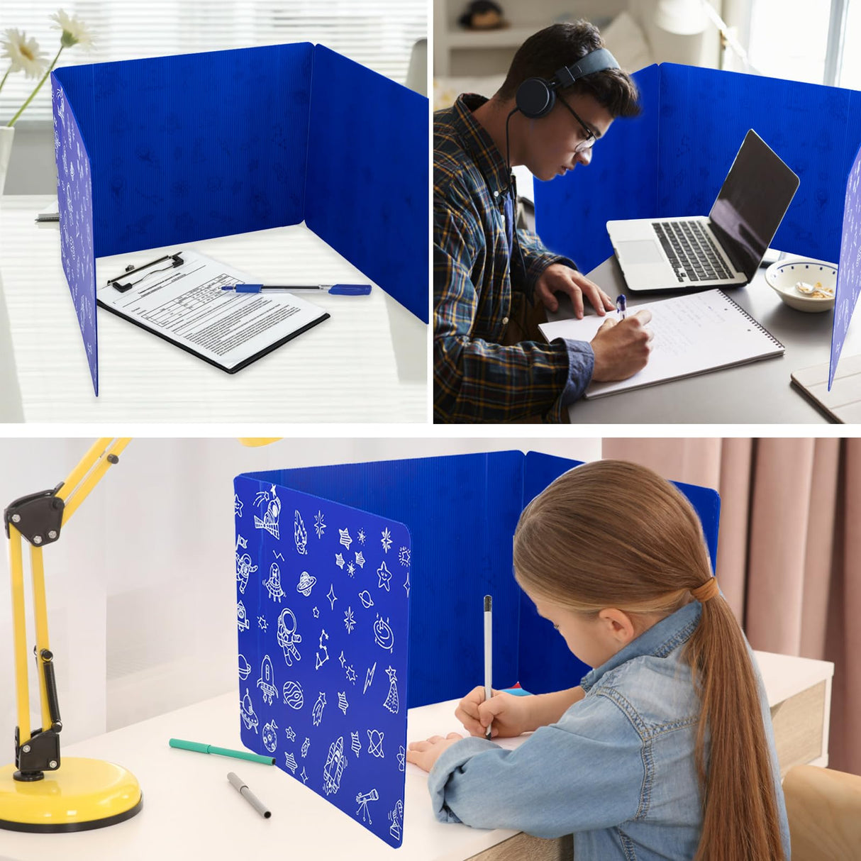 25-Pack Desk Dividers for Students, 3-Fold Privacy Screens, Durable Waterproof Plastic Study Boards, Easy Clean Classroom Shields for Schools,Teacher Supplies & Student Desk Organizers, Blue