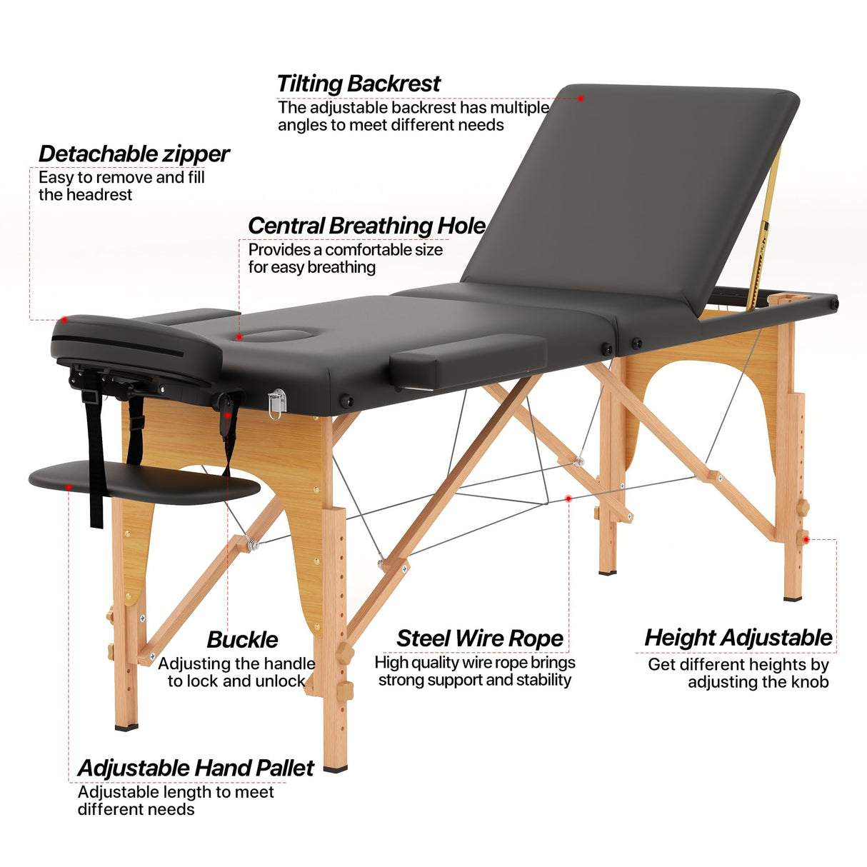 HENGJIANYI Massage Table Massage Bed, Portable 3 Section Foldable Tattoo Bed, Height Adjustable Lash Spa Bed with Face Cradle, Home Light Weight Facial Salon Bed with Wood Frame, Black