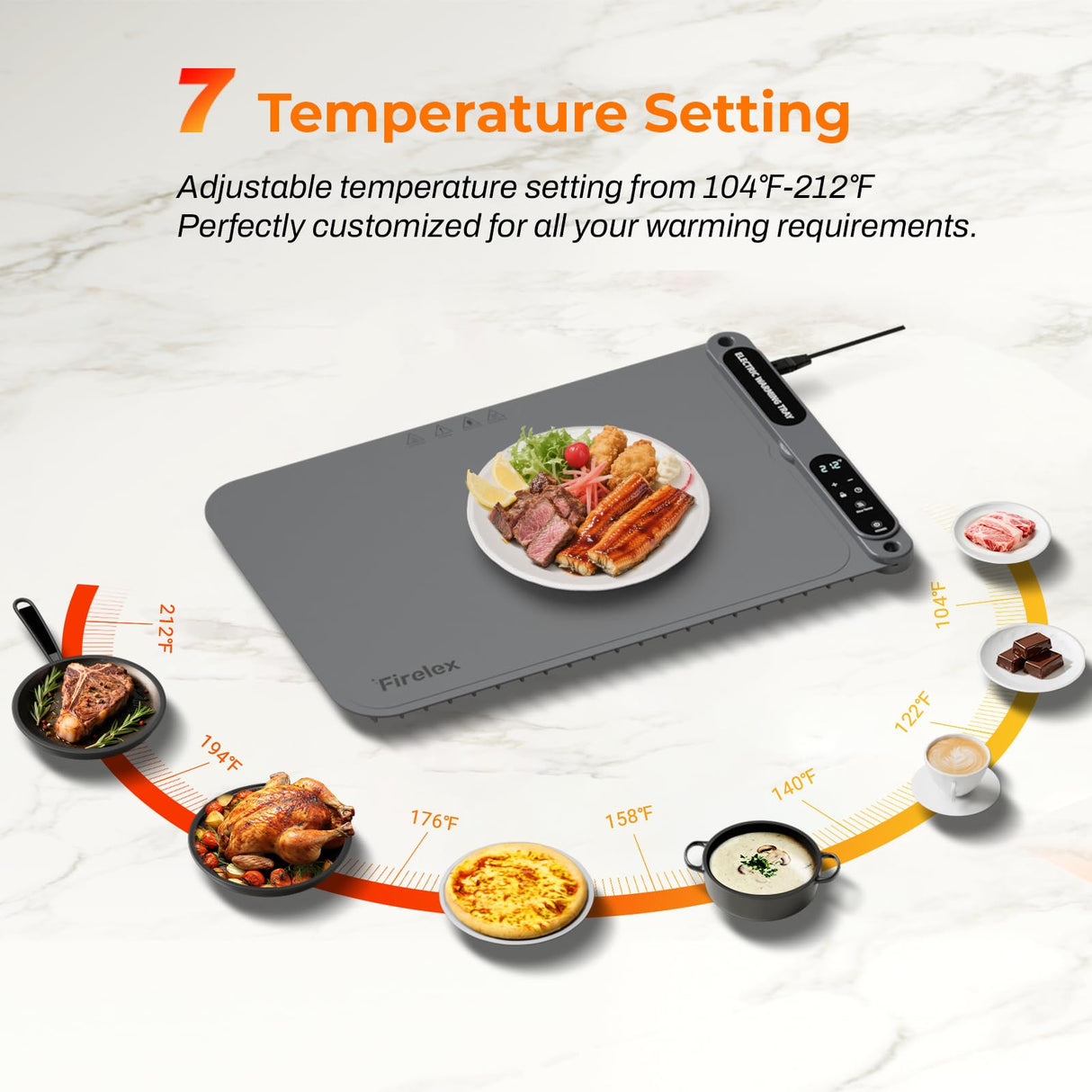 Firelex Food Warming Mat for Buffet, Silicone Food Warm Mat with Timer & 7-Temp Settings, 8s Fast Heat, The Perfect Gift Keep Meals Warm for Parties, Family Dinners, Gray