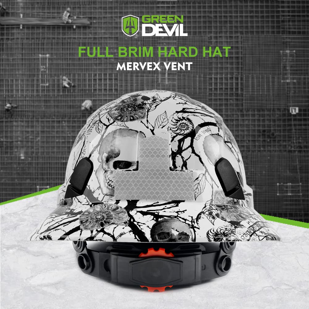 GREEN DEVIL Full Brim Hard Hat Vented Construction Safety Helmet OSHA Approved Cascos De Construccion Work Hardhat for Men&Women 6 Point Adjustable Ratchet Suspension Custom Pattern Design