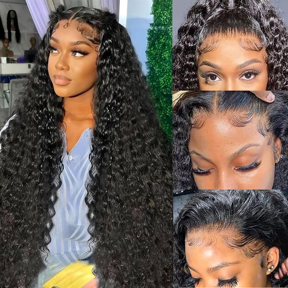 Kdmidun 28 Inch 13x6 Deep Wave Lace Front Wigs Human Hair Pre Plucked 200% Density 13x6 HD Transparent Lace Frontal Curly Wigs Human Hair Glueless Deep Curly Human Hair Wigs For Women Natural Black