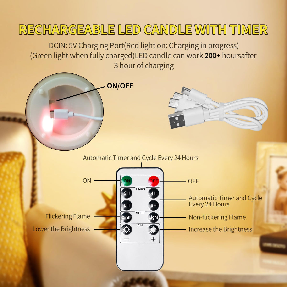 200 Hours Glass Rechargeable Flickering Flameless Candles with Remote3