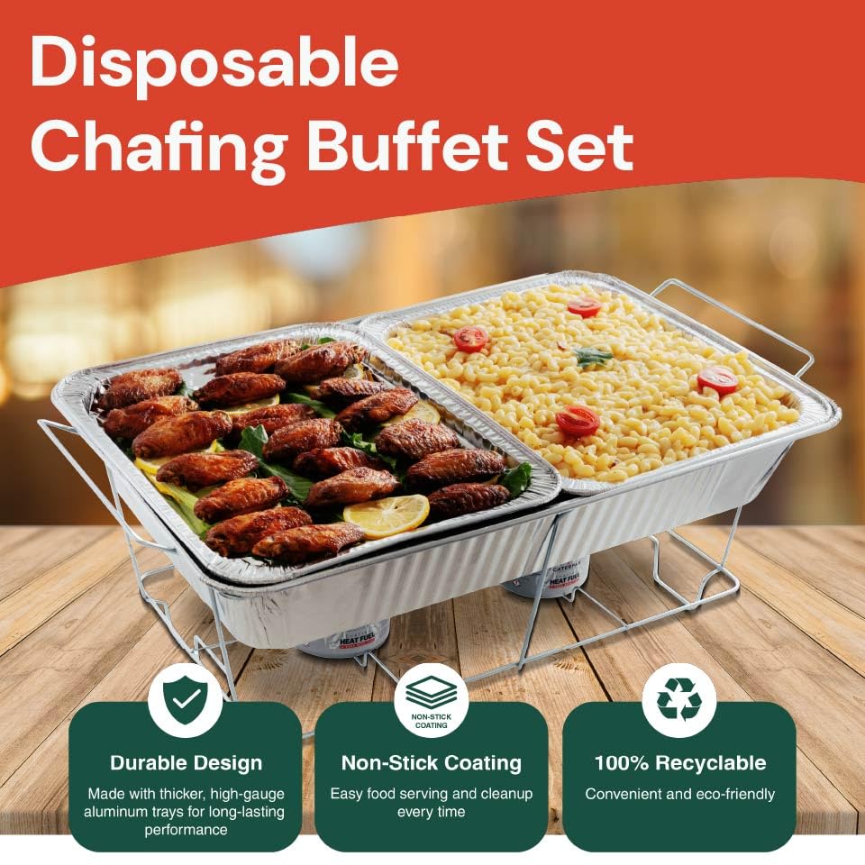 5 Pack - Disposable Chafing Dish Buffet Set - Large Full Size (52 pcs) – Catering Food Warmers with Half-Sized Serving Pans, Lids, Racks, Utensils & Fuel Cans - Perfect for Buffets & Food Serving