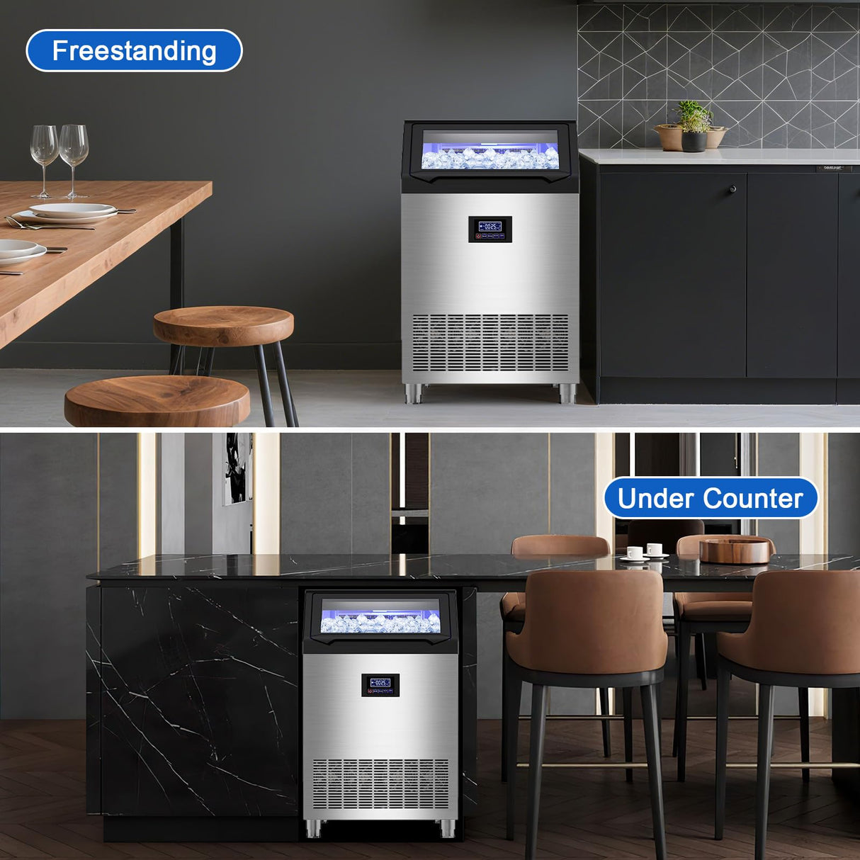 Commercial Ice Maker Machine 350 LBS/24H, 136 Ice Trays Freestanding & Undercounter Ice Machine Stainless Steel with 60 LBS Ice Storage Capacity, Ice Maker with Water Line and Filter, Dual Water Inlet
