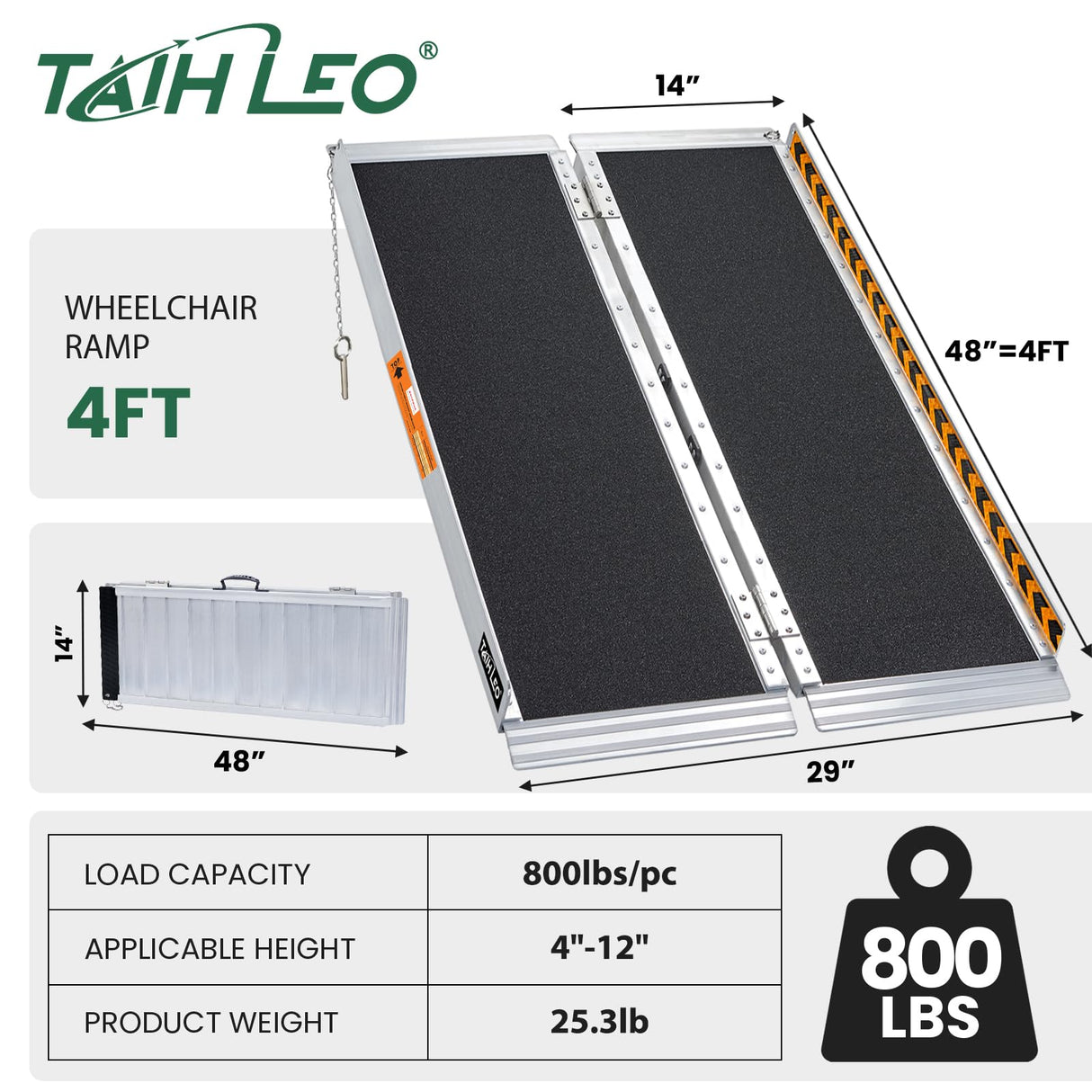 TaiH Leo Wheelchair Ramp 4 Feet, Portable Ramps for Wheelchairs for Home, 800LBS Capacity Folding Non-Slip Aluminum Handicap Ramp, Wheel Chair Ramp for Home Steps, Stairs, Doorways, Car, Curbs
