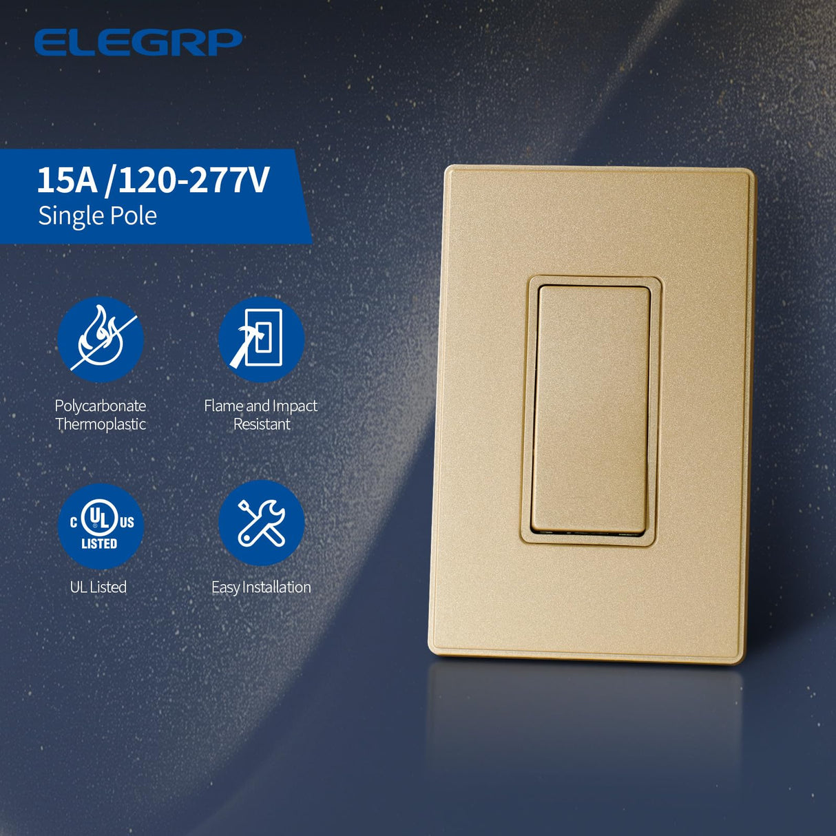 ELEGRP Matte Champagne Gold Single Pole Decorator Light Switch, 15A 120-277V, Paddle Rocker Switch, On/Off Wall Switch, Self-Grounding, Residential Grade, with Mid Wall Plate, UL/CUL, 2 Pack