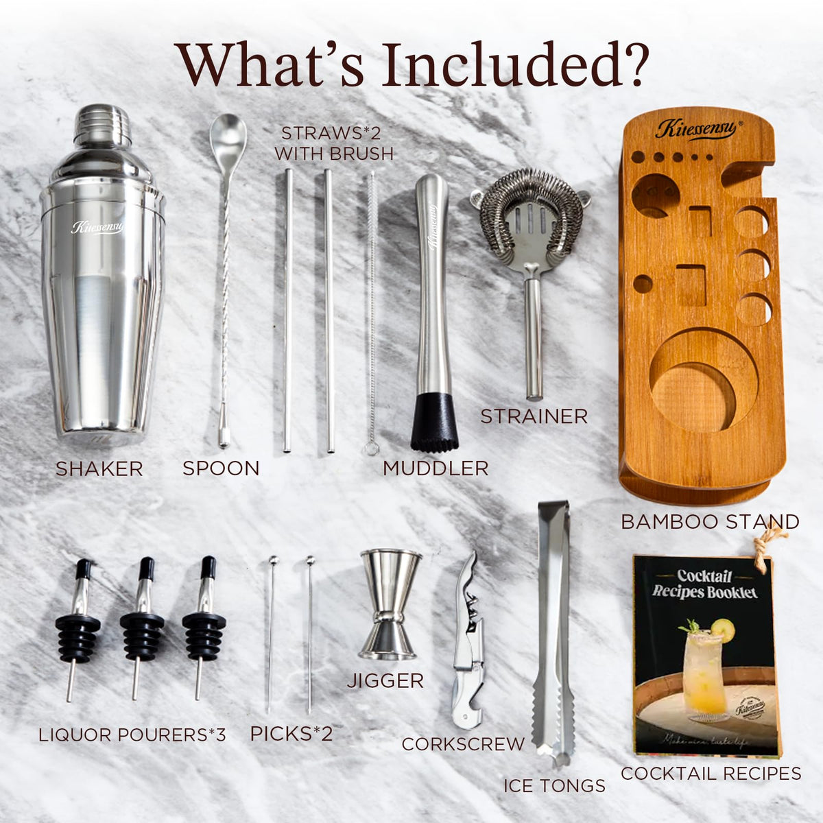 KITESSENSU Cocktail Shaker Set Bartender Kit with Stand | Bar Set Drink Mixer Set with All Essential Accessory Tools: Martini Shaker, Jigger, Strainer, Mixer Spoon, Muddler, Liquor Pourers |Silver