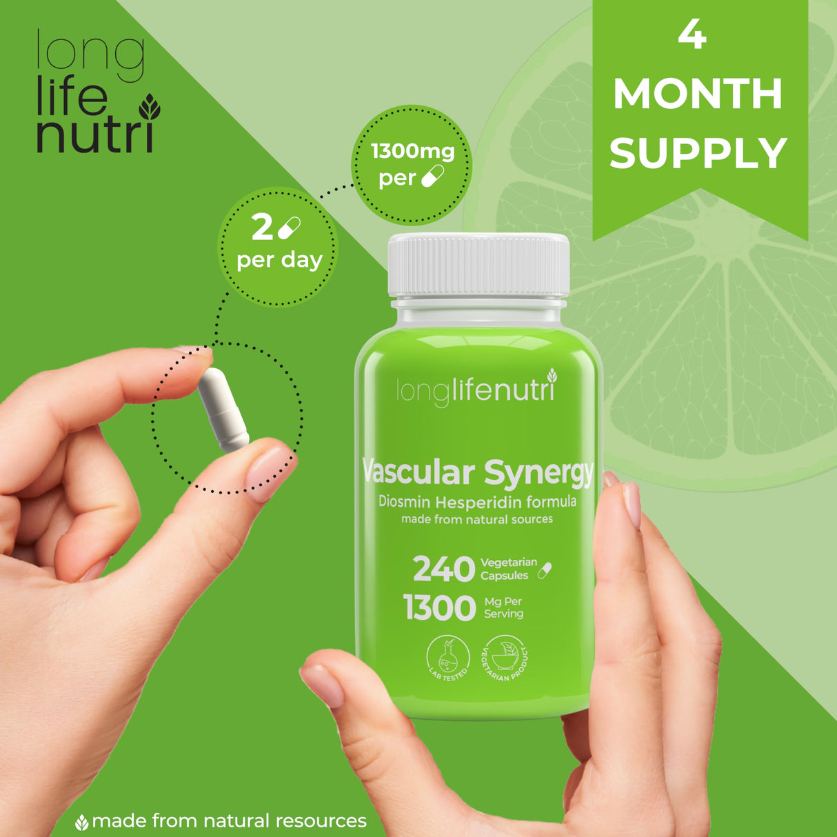 LongLifeNutri Diosmin Hesperidin Complex, Vascular Synergy 1000mg/300mg for Optimal Circulation & Vein Support: 240 Capsules, 120 Servings, 4-Month Supply, Made in USA