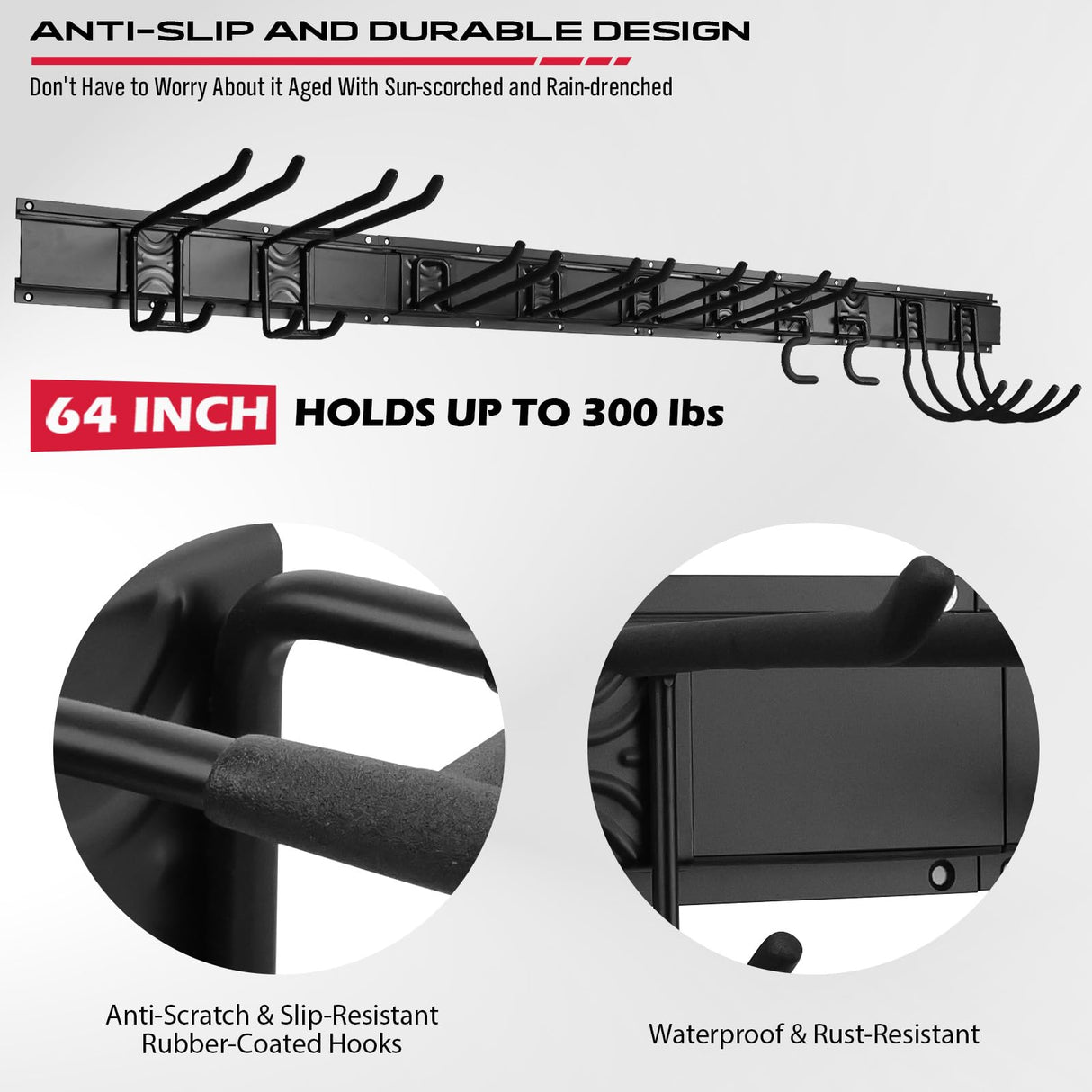 SEDY 64" Heavy Duty Garage Storage Tool Organizer Wall Mount - Tool Rack with Adjustable Hooks, Anti-Rust, 300lbs Capacity - Easy Installation (10 Hooks, 4 Rails, 3 Straps)