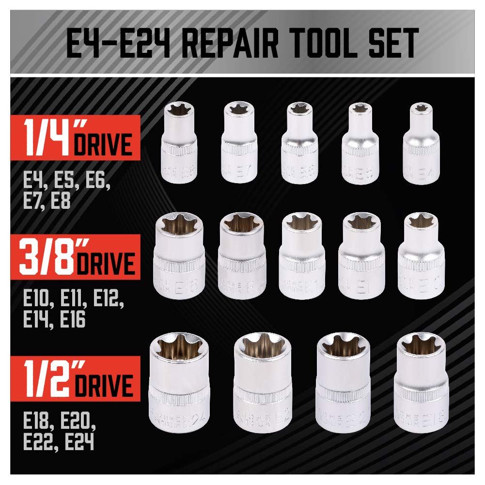 SEDY 14-Piece E-TORX Socket Set - Premium Female Torx Socket Set, Ultimate Torque Star Sockets, External Torx Sockets, E4 E5 E6 E7 E8 E10 E11 E12 E14 E16 E18 E20 E22 E24