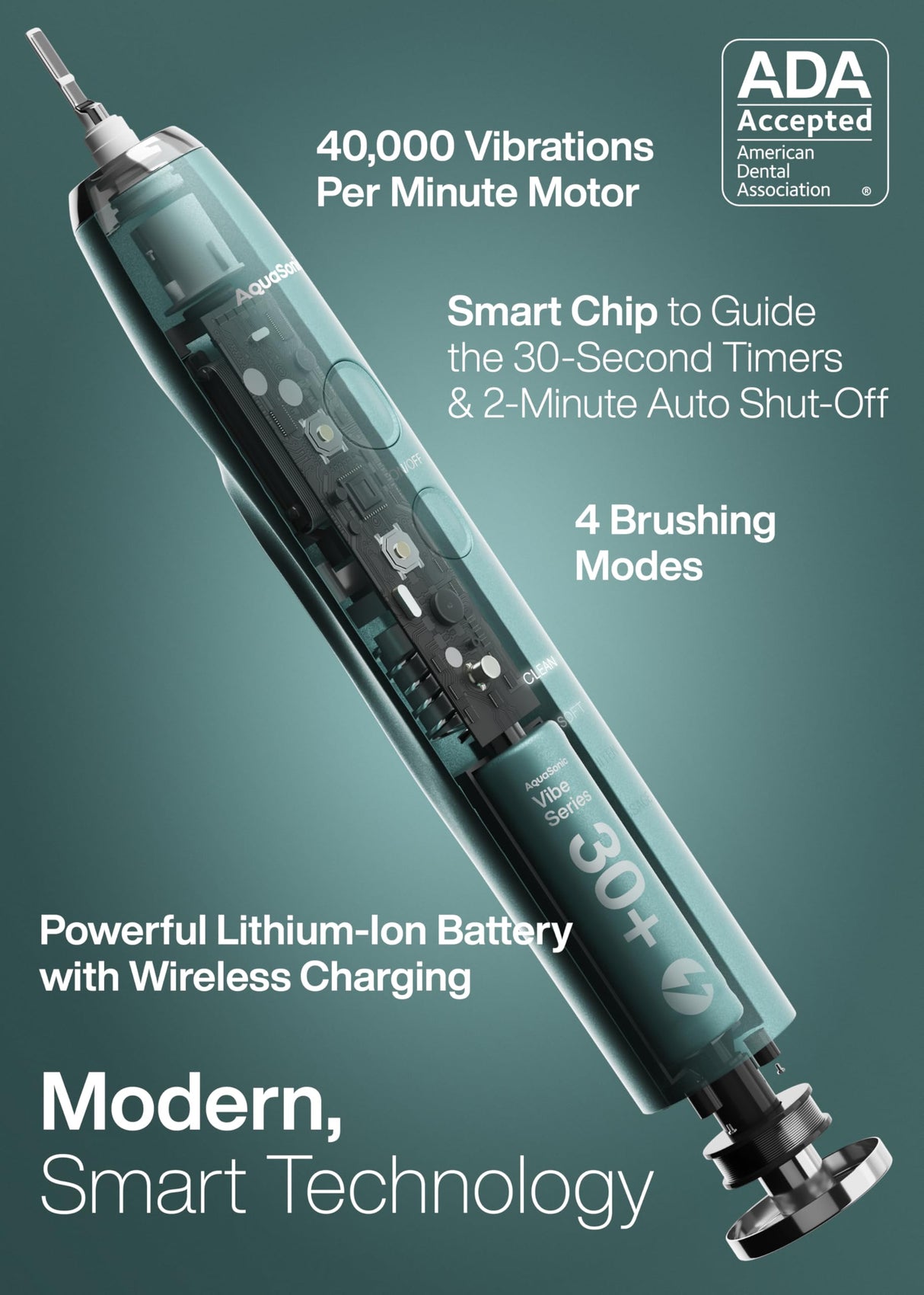 Aquasonic Vibe Series Ultra-Whitening Toothbrush – ADA Accepted Power Toothbrush - 8 Brush Heads & Travel Case – 40,000 VPM Motor & Wireless Charging - 4 Modes w Smart Timer – Mint Green Metallic