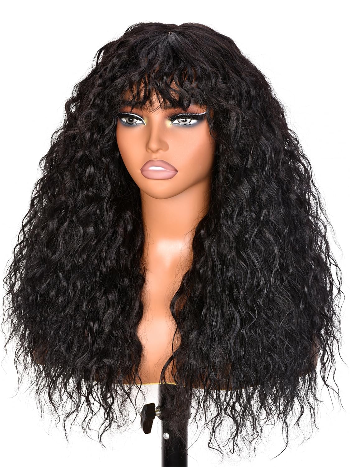 Black Curly Wigs With Bangs for Black Women Human Hair Fix Premium Fiber Long Black Wig for Daily