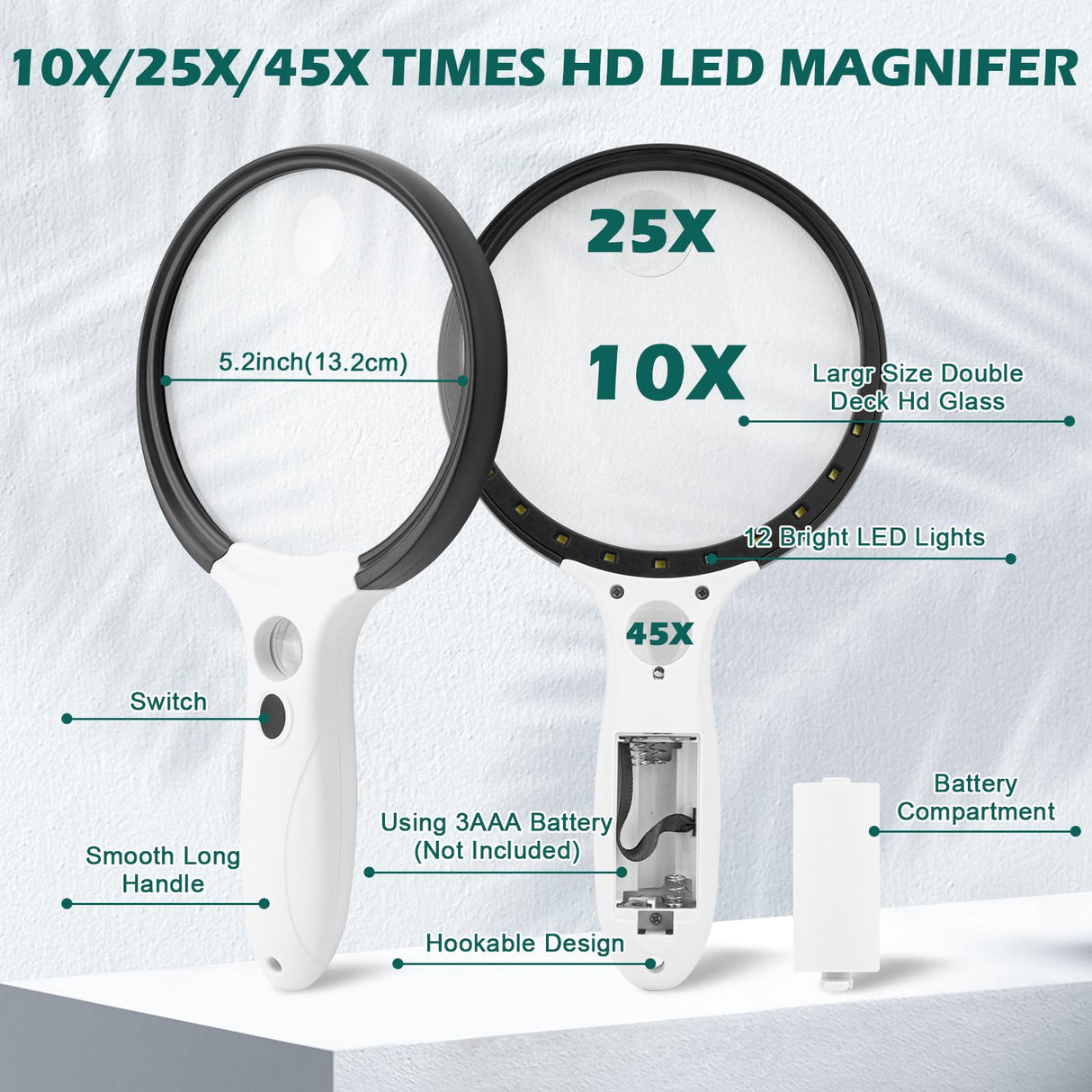 Large Magnifying Glass with Light, 10X 25X 45X Handheld Illuminated Magnifier with 3 Light Modes, 12 LED Lights, Storage Bag, Clean Cloth for Seniors Reading Coins Inspection (Black, Round)