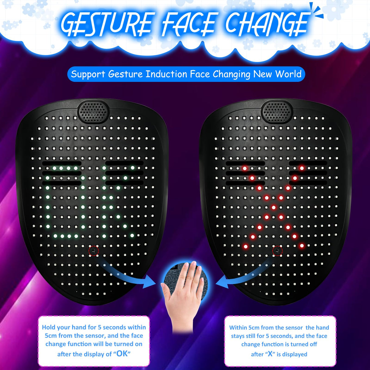 COOLGUARDER Led Mask with Sound Effects and Gesture Sensing, Light up Music Mask for Halloween Rave Costume Christmas Cosplay Birthday Masquerade Dj Parties