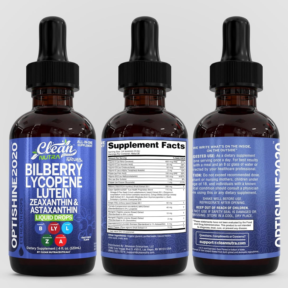 Clean Nutra Lutein and Zeaxanthin Eye Vitamins Supplement Lycopene Astaxanthin Bilberry Liquid Drops | Organic Astaxanthin Daily Lutein for Eyes Health Support Vitamin Minerals Extract | 60 Servings