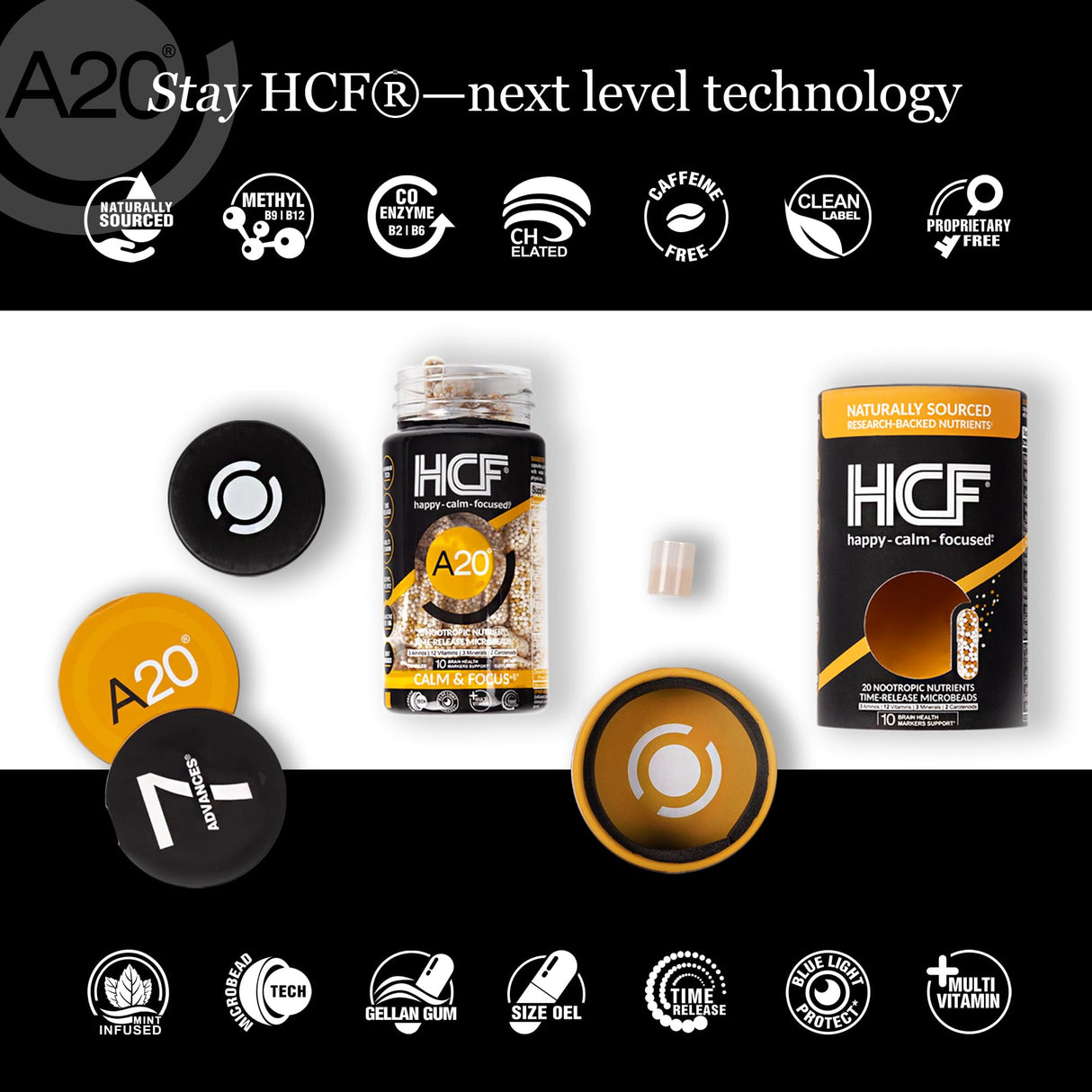 HCF A20 Microbead Brain Health Supplements for Adults for Memory, Focus, Calm, Mood, Alertness, Attention, Vision, Sleep, Immune System, 20 Premium Nootropic Nutrients Multivitamin & 7 Advances® Tech
