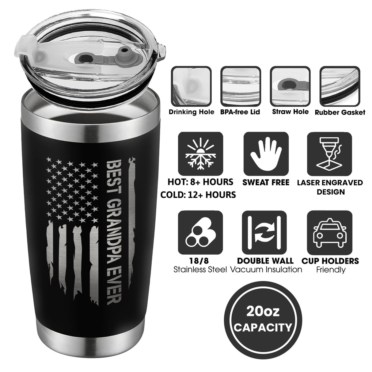 KATLADIZ Grandpa Gifts - Grandpa Birthday Gifts from Grandchildren - Fathers Day Gift, Birthday Christmas for Grandfather - Grandfather Gift Ideas from Granddaughter, Grandson - 20 Oz Black Tumbler