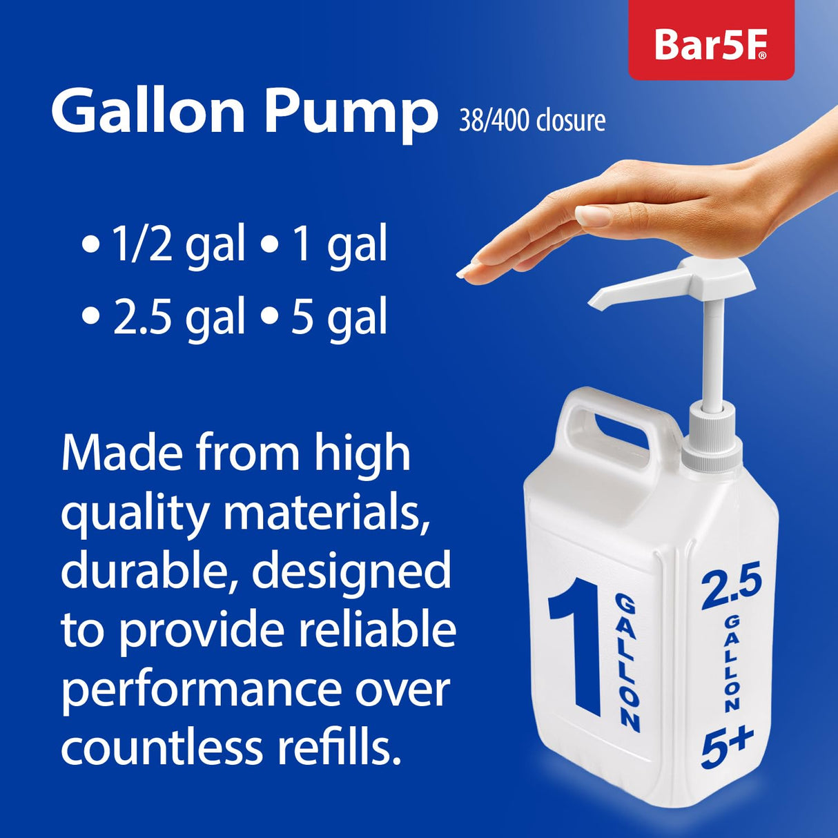 Bar5F Gallon Pump Dispenser Heavy Duty for 1, 2.5, and 5 Gallon Containers Commercial Household Industrial Large Actuator 30cc Output | 38-400 2-Pack