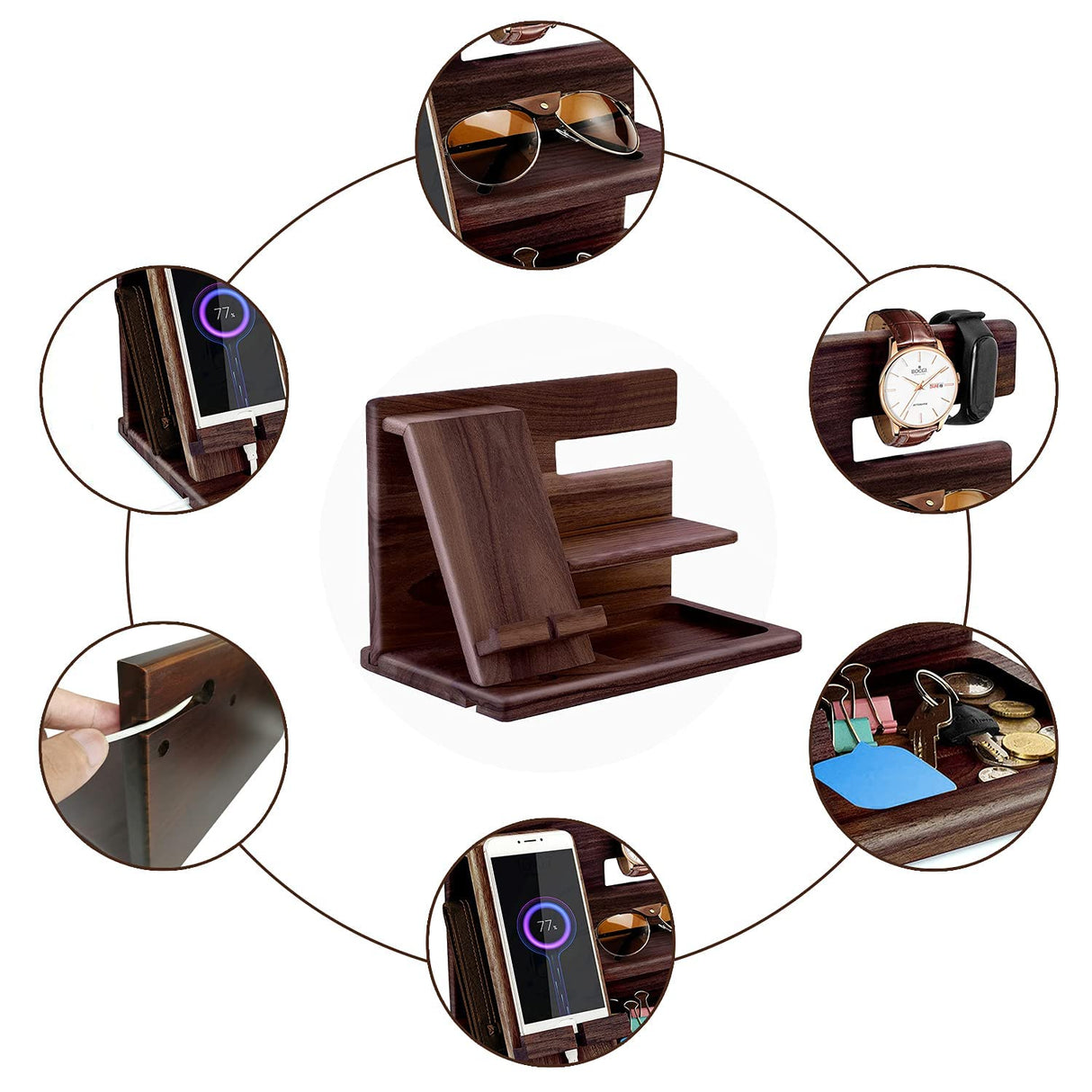 Gifts for Men Bedside Organiser Wood Phone Docking Station Dad Birthday Gifts for Him Nightstand Key Wallet Watch Stand Mens Gifts for Xmas Presents for Dad Husband Boyfriend Anniversary & Christmas