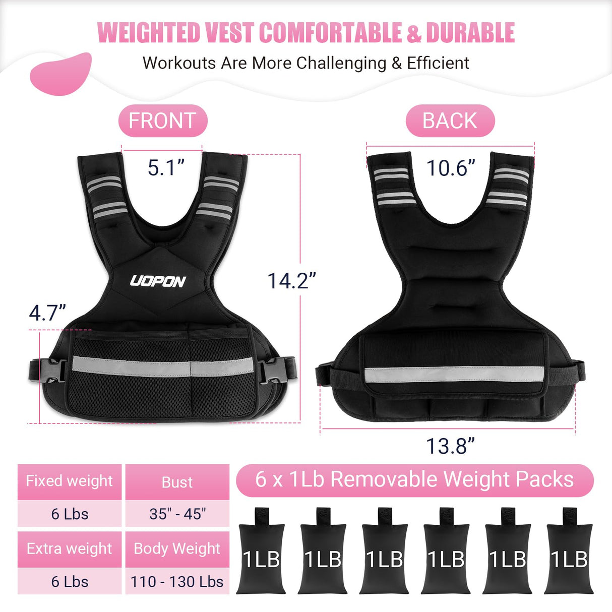Adjustable Weighted Vest for Women, 6-12 Lbs Rucking Vest with 6 Ironsand Weights, Best Weighted Vest with Plus Pockets & Reflective Strips for Running, Walking, Workout and Strength Training