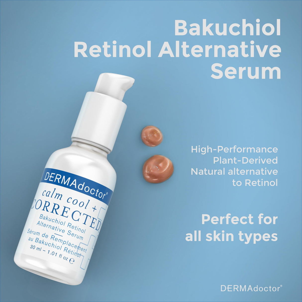 DERMAdoctor Calm Cool + Corrected Dermatologist Formulated Bakuchiol Retinol Alternative Serum for Sensitive Skin; Anti Aging Serum for Fine Lines, Wrinkles, Brightening and Pore Minimizing - 1.01 oz