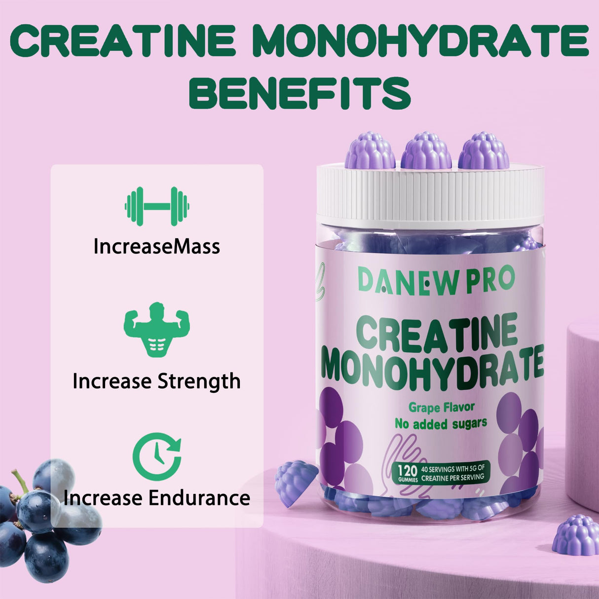 DANEW Pro Creatine Monohydrate Gummies 5000mg for Men & Women, Creatine Monohydrate for Muscle Strength, Muscle Builder, Energy Boost, Pre-Workout Supplement(120 Count)-Grape Flavor