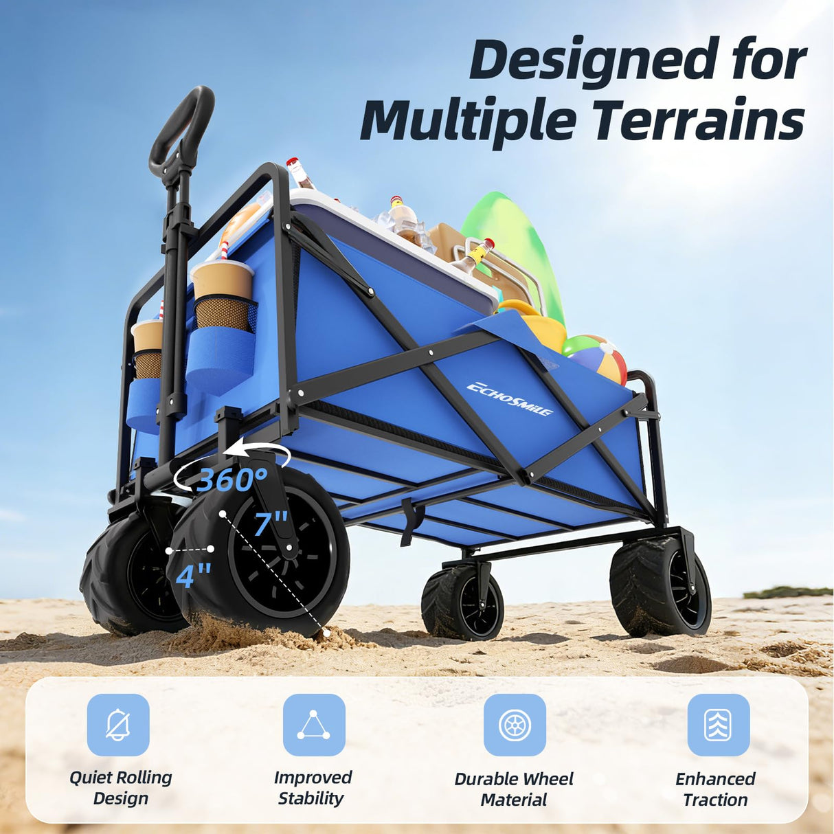 EchoSmile Wagons Carts Foldable Heavy Duty 350L Capacity for Camping, Blue